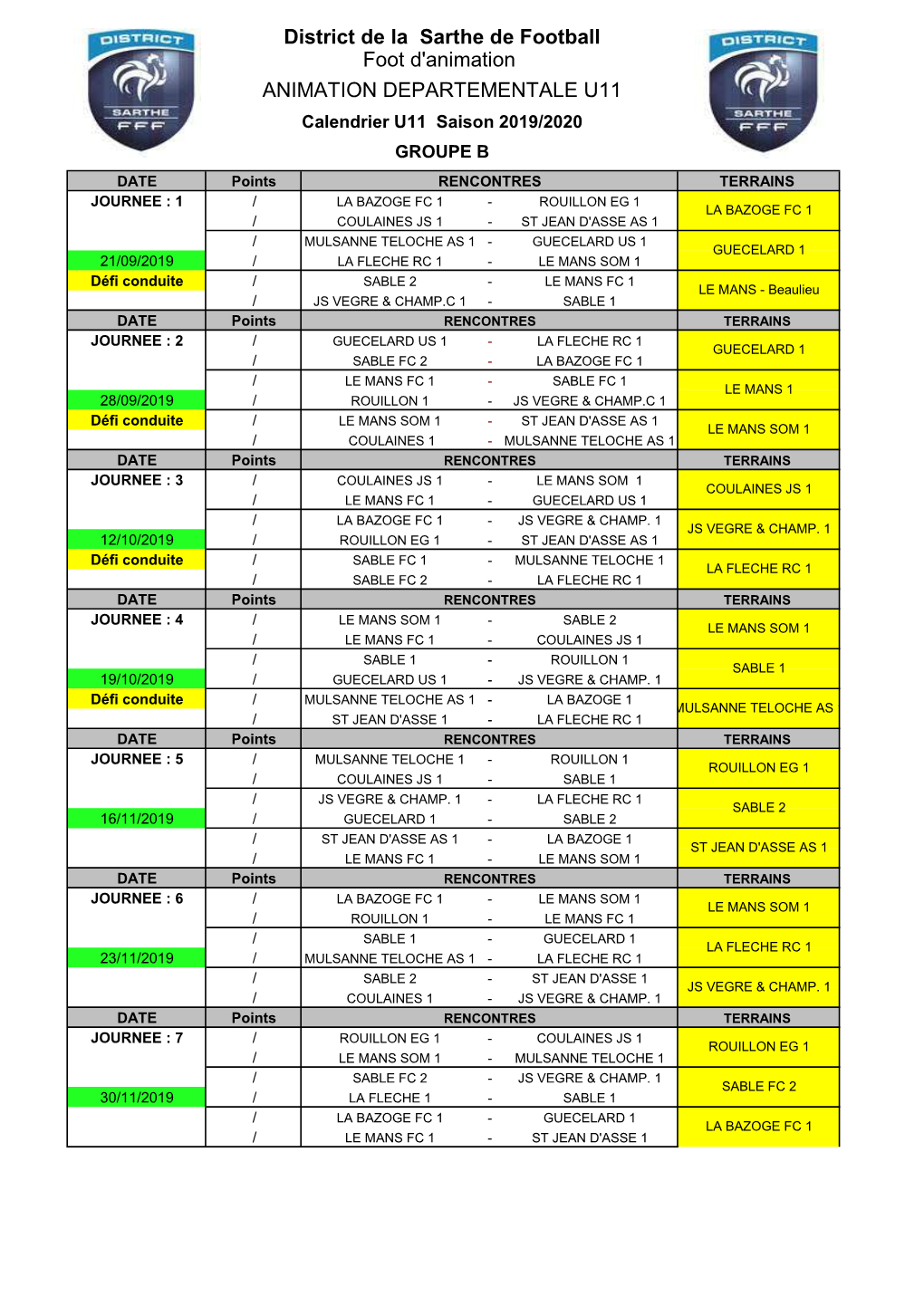 CALENDRIER ANIMATION DEP U11 1Ere Phase