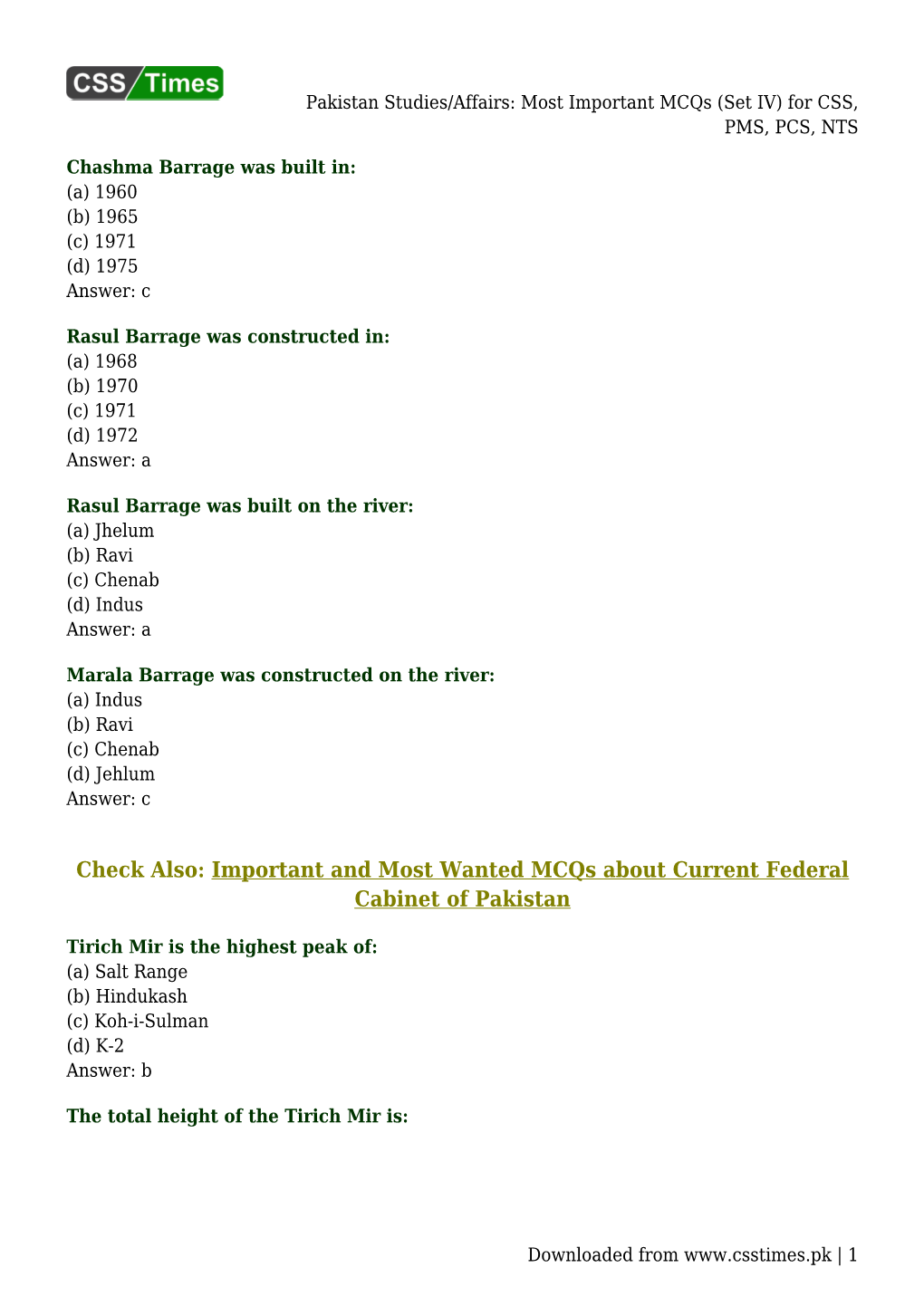 Most Important Mcqs (Set IV) for CSS, PMS, PCS, NTS