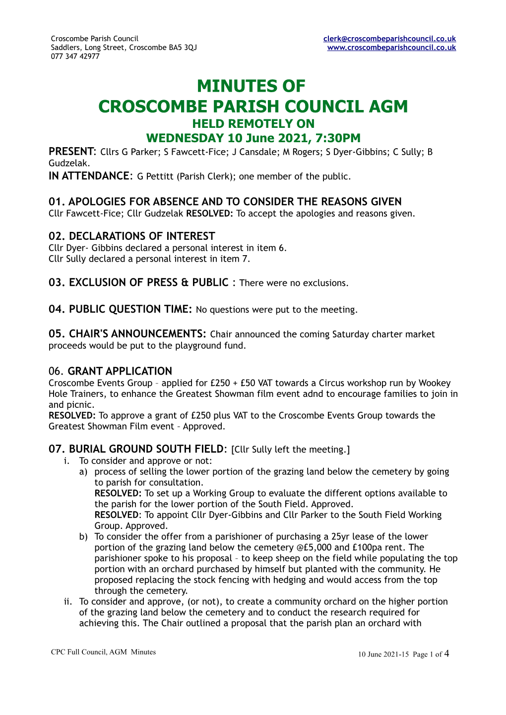 Minutes of Croscombe Parish Council