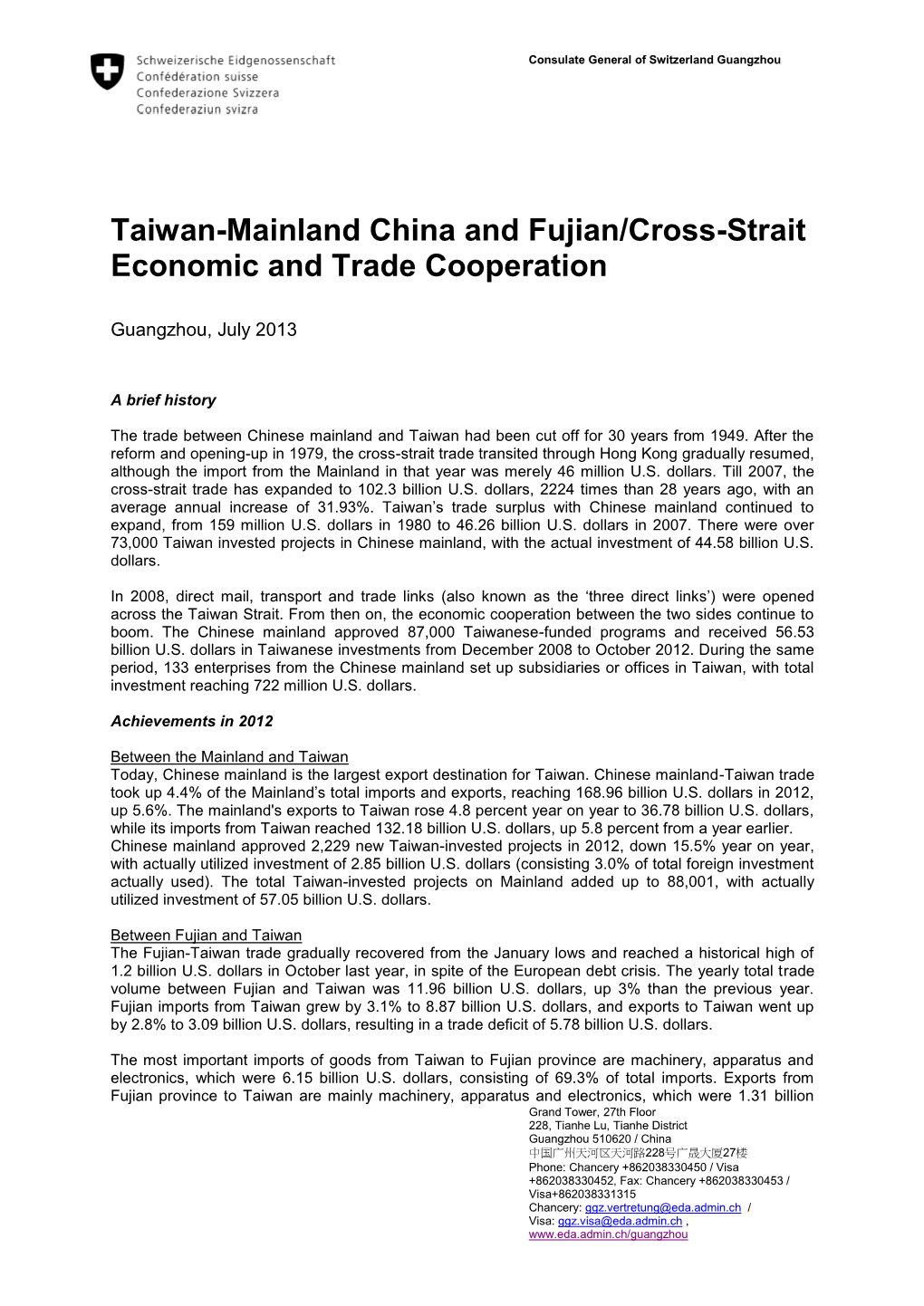 Taiwan-Mainland China and Fujian/Cross-Strait Economic and Trade Cooperation