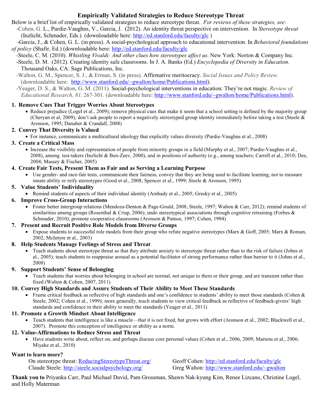 Empirically Validated Strategies to Reduce Stereotype Threat Below Is a Brief List of Empirically Validated Strategies to Reduce Stereotype Threat