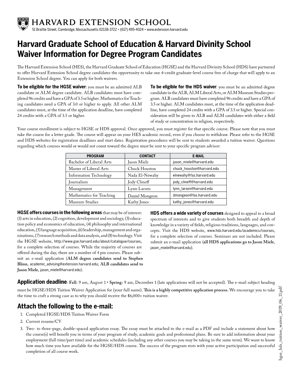 Harvard Graduate School of Education & Harvard Divinity School Waiver Information for Degree Program Candidates