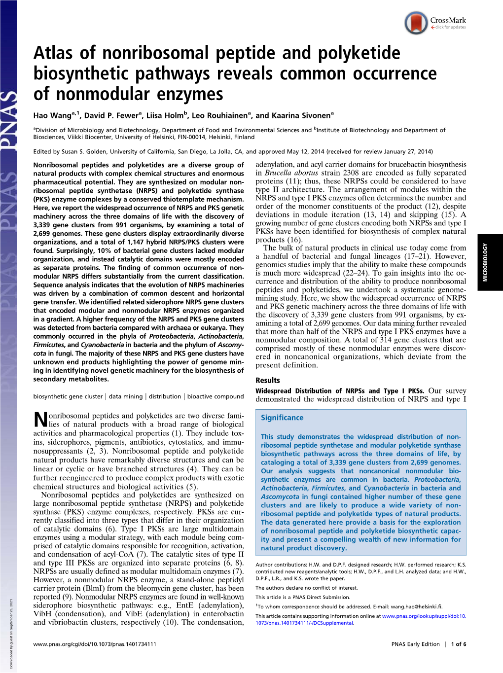 Atlas of Nonribosomal Peptide and Polyketide Biosynthetic Pathways Reveals Common Occurrence of Nonmodular Enzymes