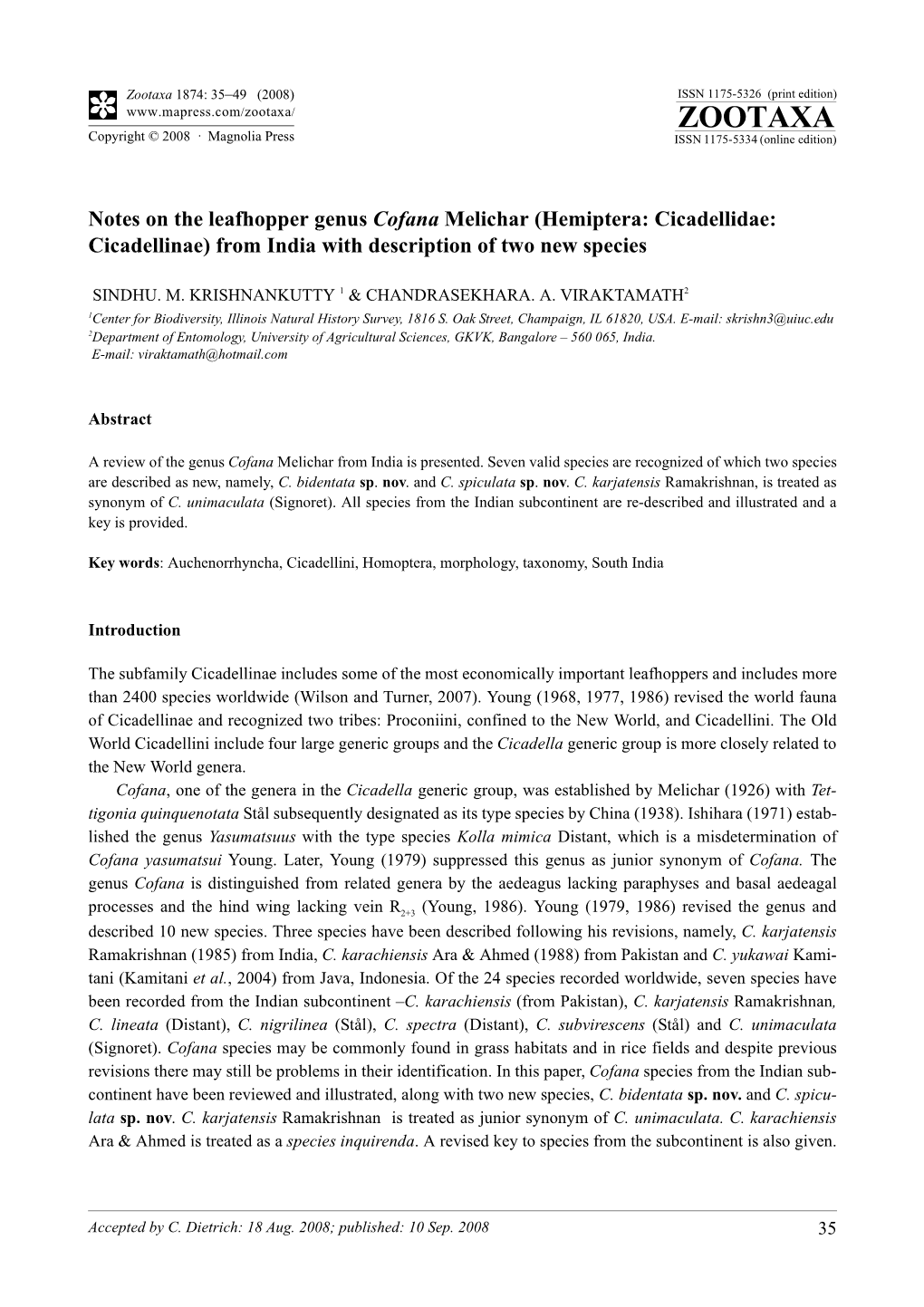 Zootaxa, Notes on the Leafhopper Genus Cofana Melichar (Hemiptera: Cicadellidae