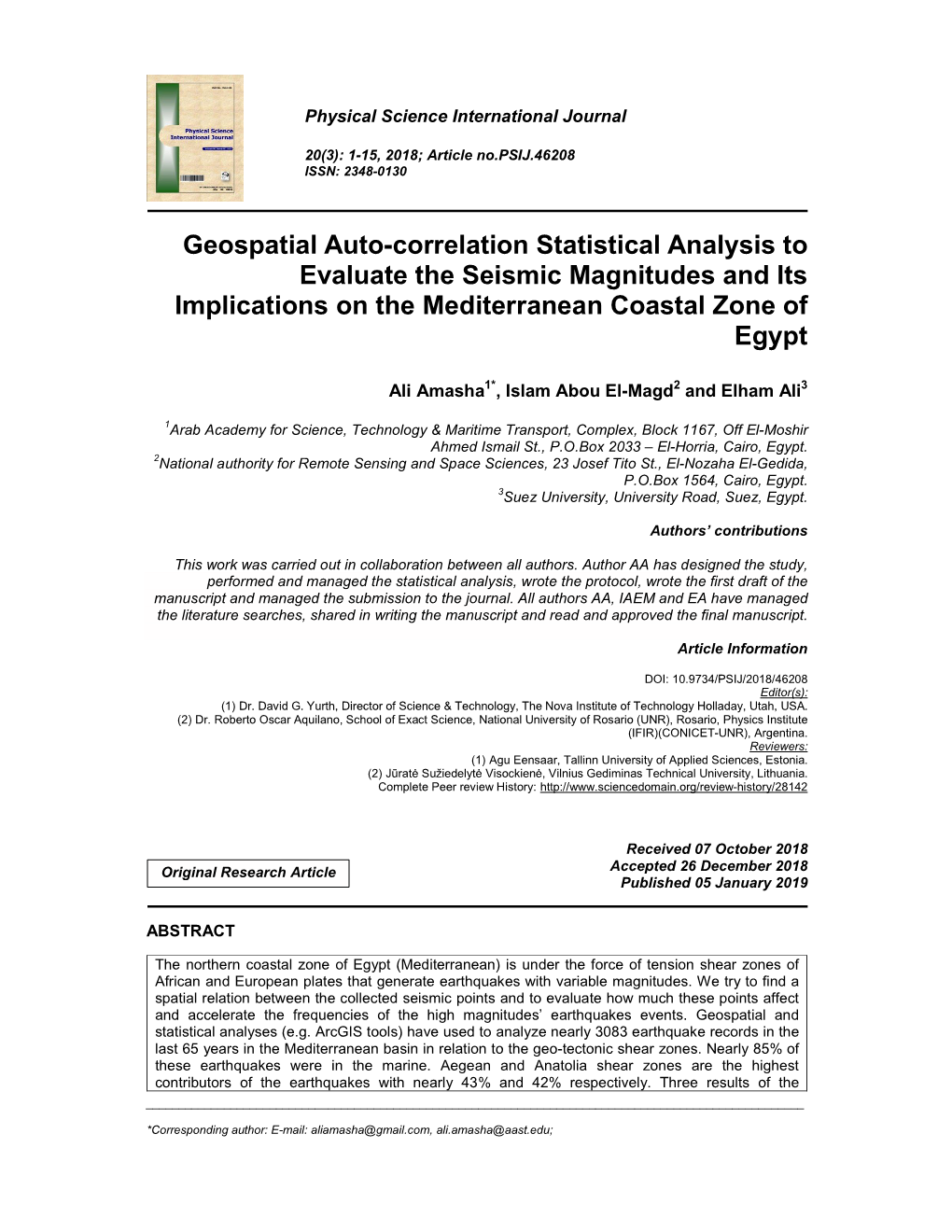 Geospatial Auto-Correlation Statistical Analysis to Evaluate the Seismic Magnitudes and Its Implications on the Mediterranean Coastal Zone of Egypt