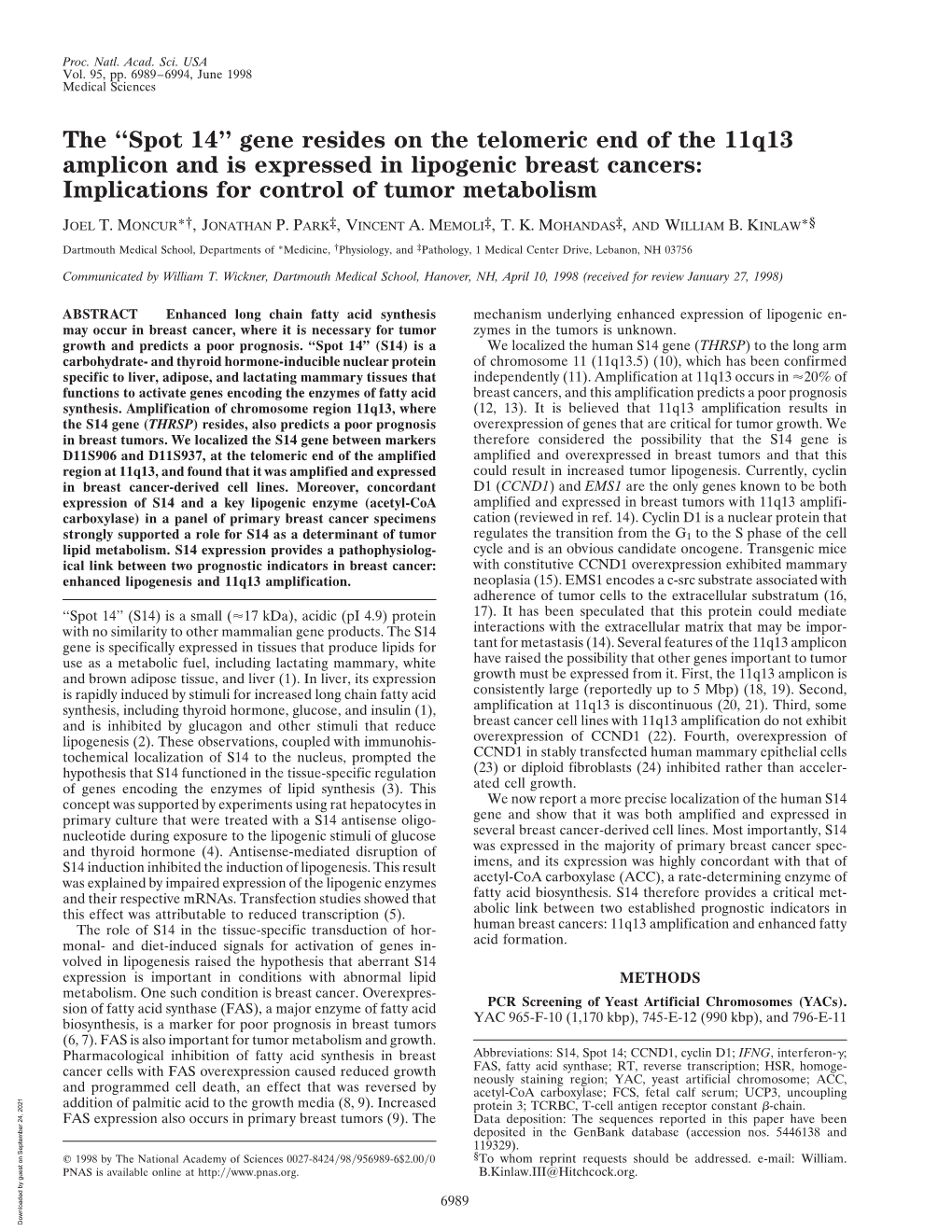 Gene Resides on the Telomeric End of the 11Q13 Amplicon and Is Expressed in Lipogenic Breast Cancers: Implications for Control of Tumor Metabolism