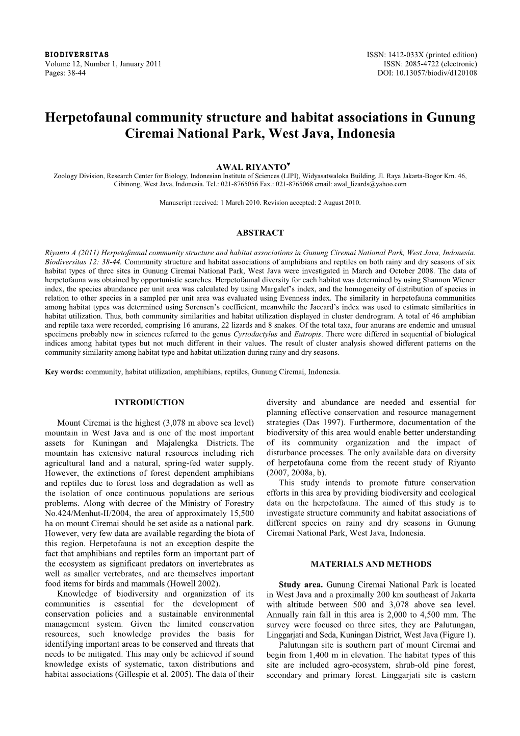 Herpetofaunal Community Structure and Habitat Associations in Gunung Ciremai National Park, West Java, Indonesia