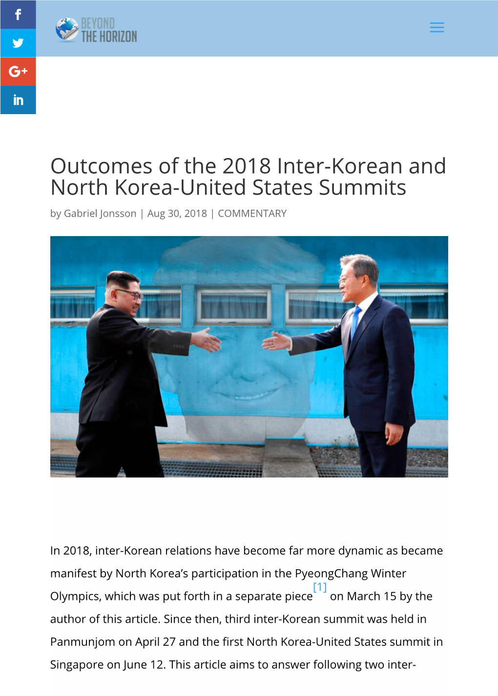 Outcomes of the 2018 Inter-Korean and North Korea-United States Summits by Gabriel Jonsson | Aug 30, 2018 | COMMENTARY