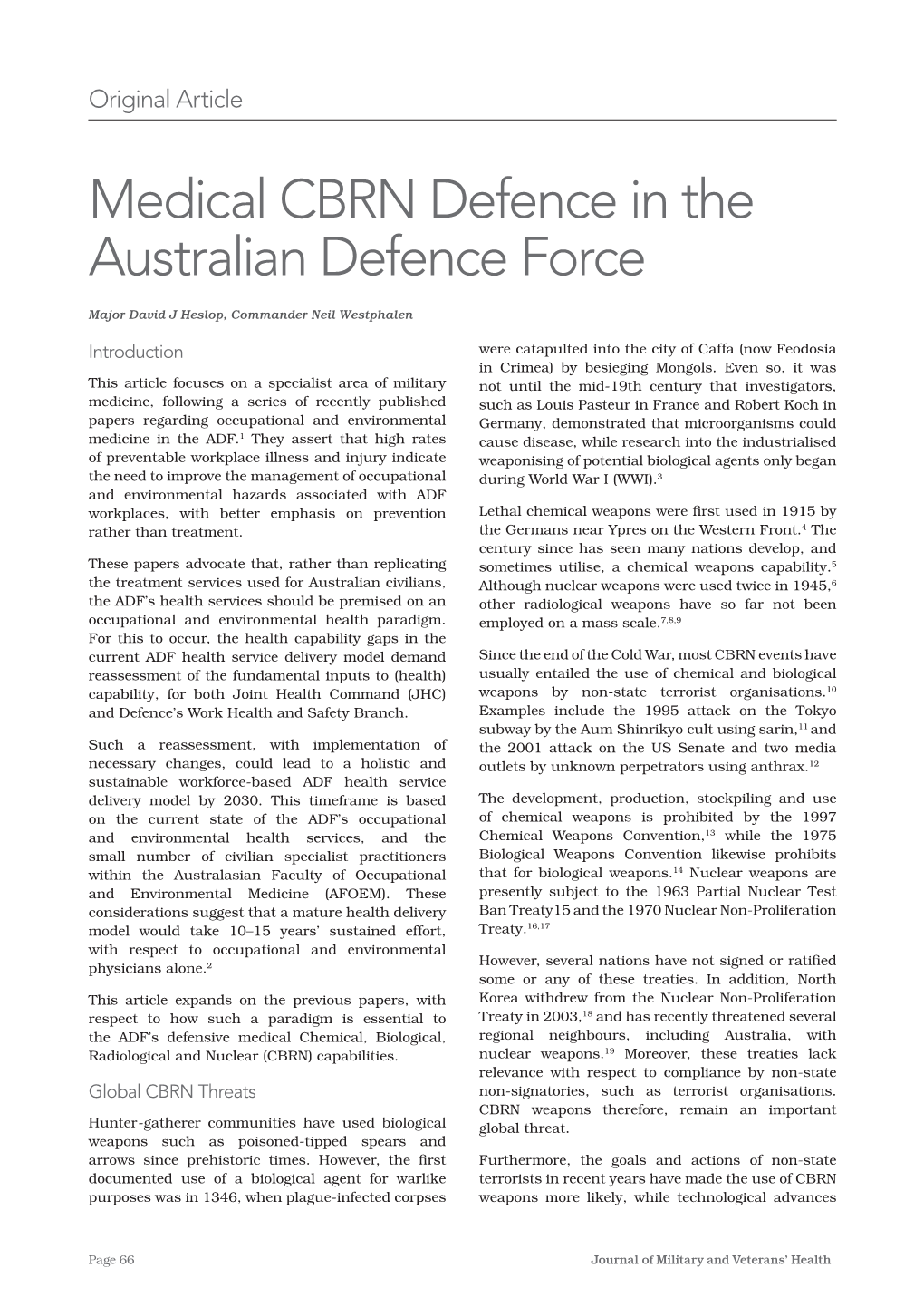 Medical CBRN Defence in the Australian Defence Force