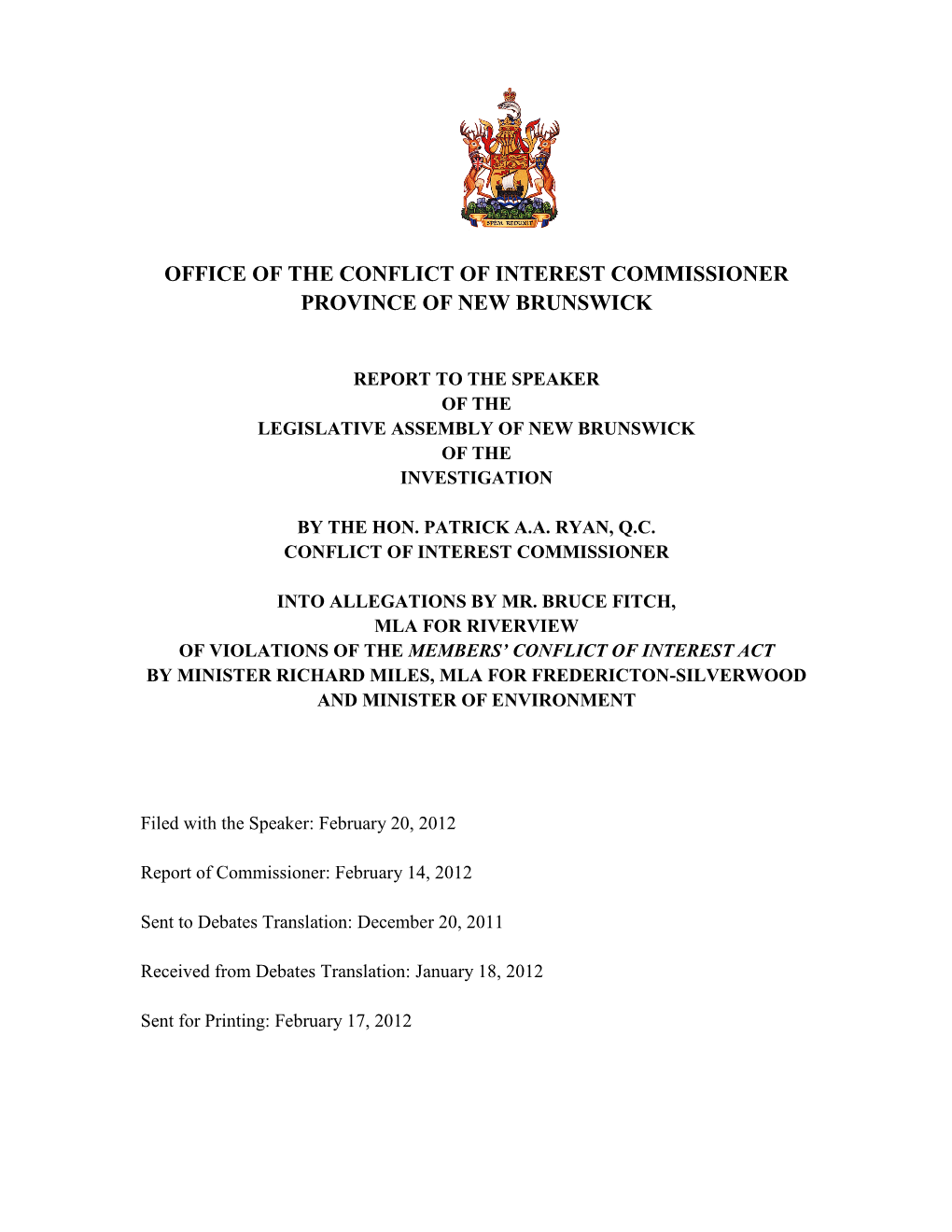 Office of the Conflict of Interest Commissioner Province of New Brunswick