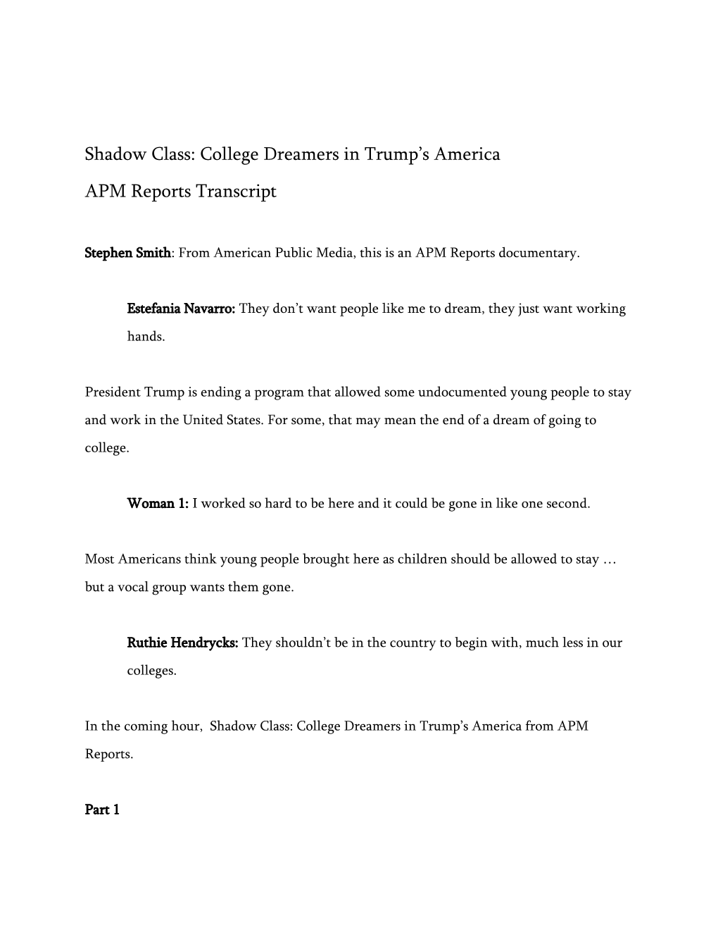Shadow Class: College Dreamers in Trump's America APM Reports Transcript
