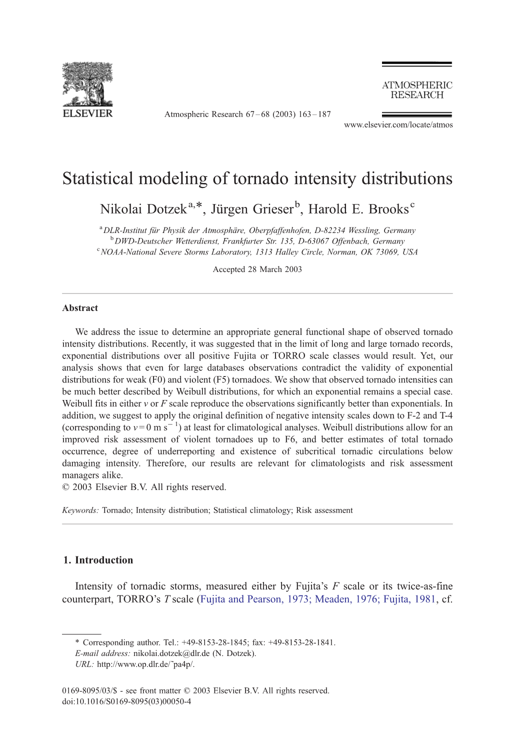 Statistical Modeling of Tornado Intensity Distributions