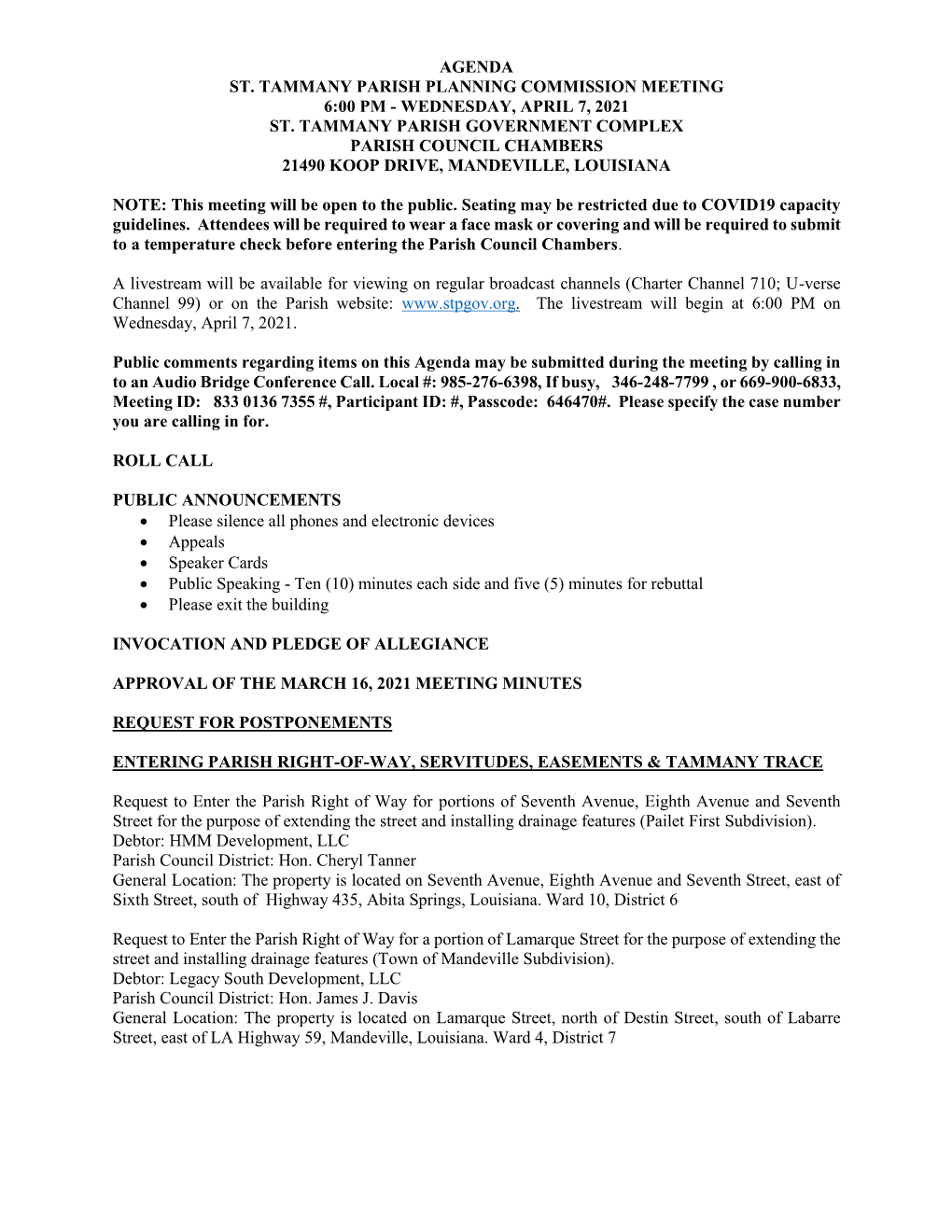 Agenda St. Tammany Parish Planning Commission Meeting 6:00 Pm - Wednesday, April 7, 2021 St