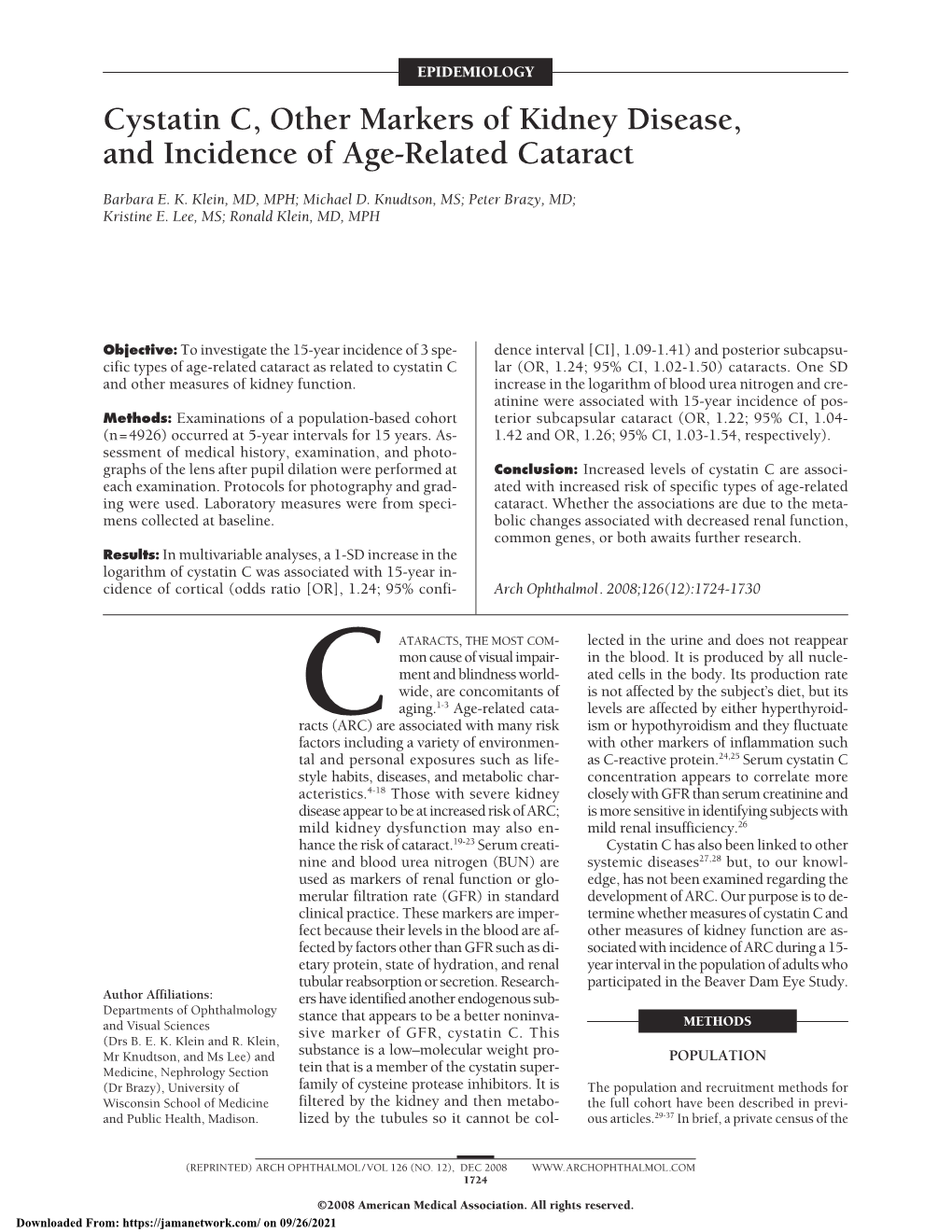 Cystatin C, Other Markers of Kidney Disease, and Incidence of Age-Related Cataract