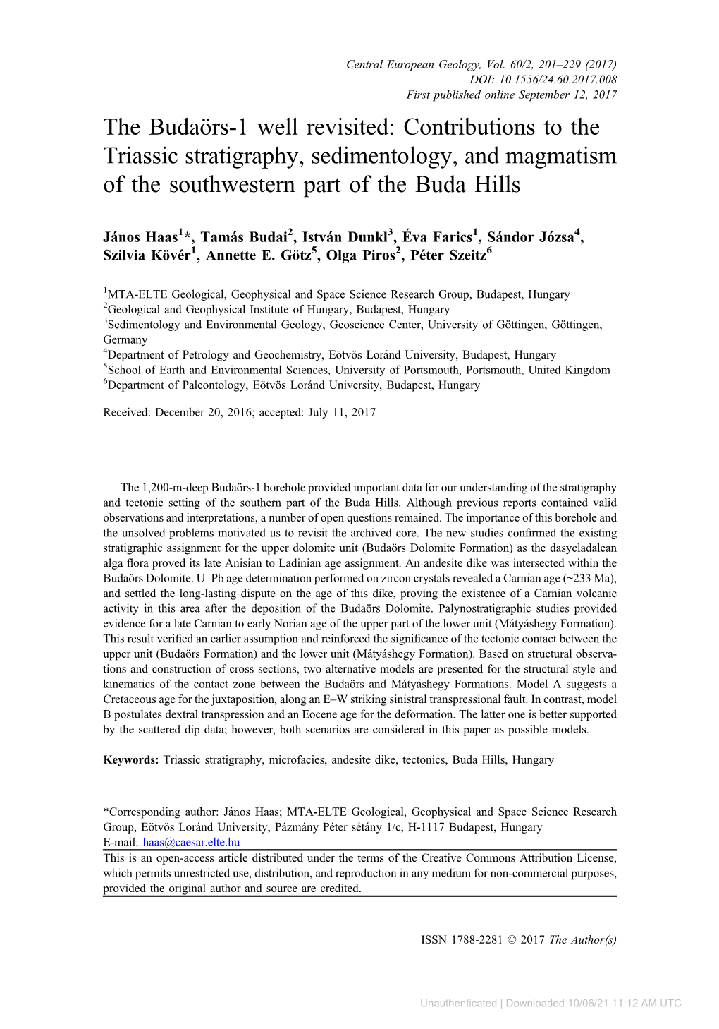 The Budaörs-1 Well Revisited: Contributions to the Triassic Stratigraphy, Sedimentology, and Magmatism of the Southwestern Part of the Buda Hills