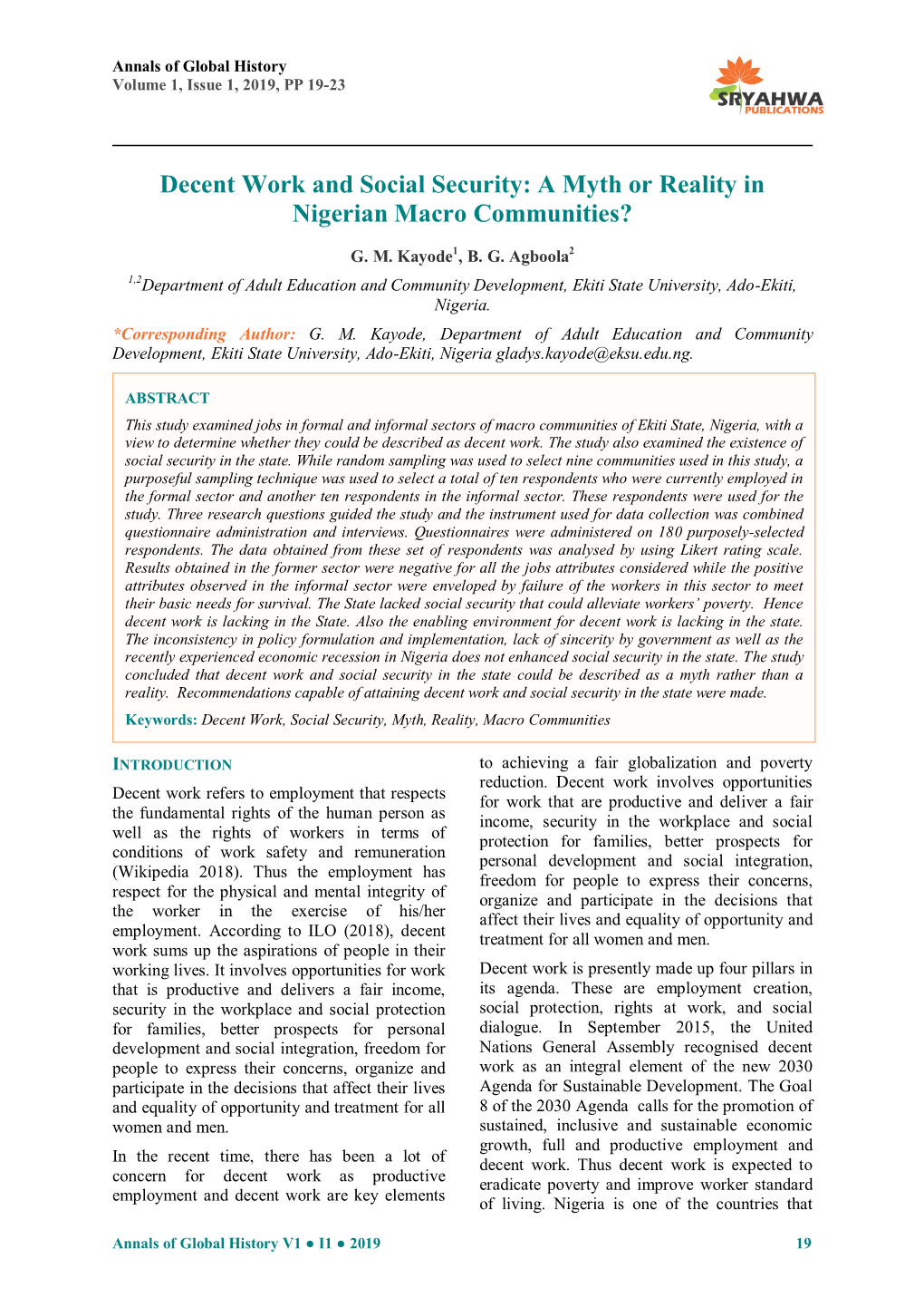 Decent Work and Social Security: a Myth Or Reality in Nigerian Macro Communities?