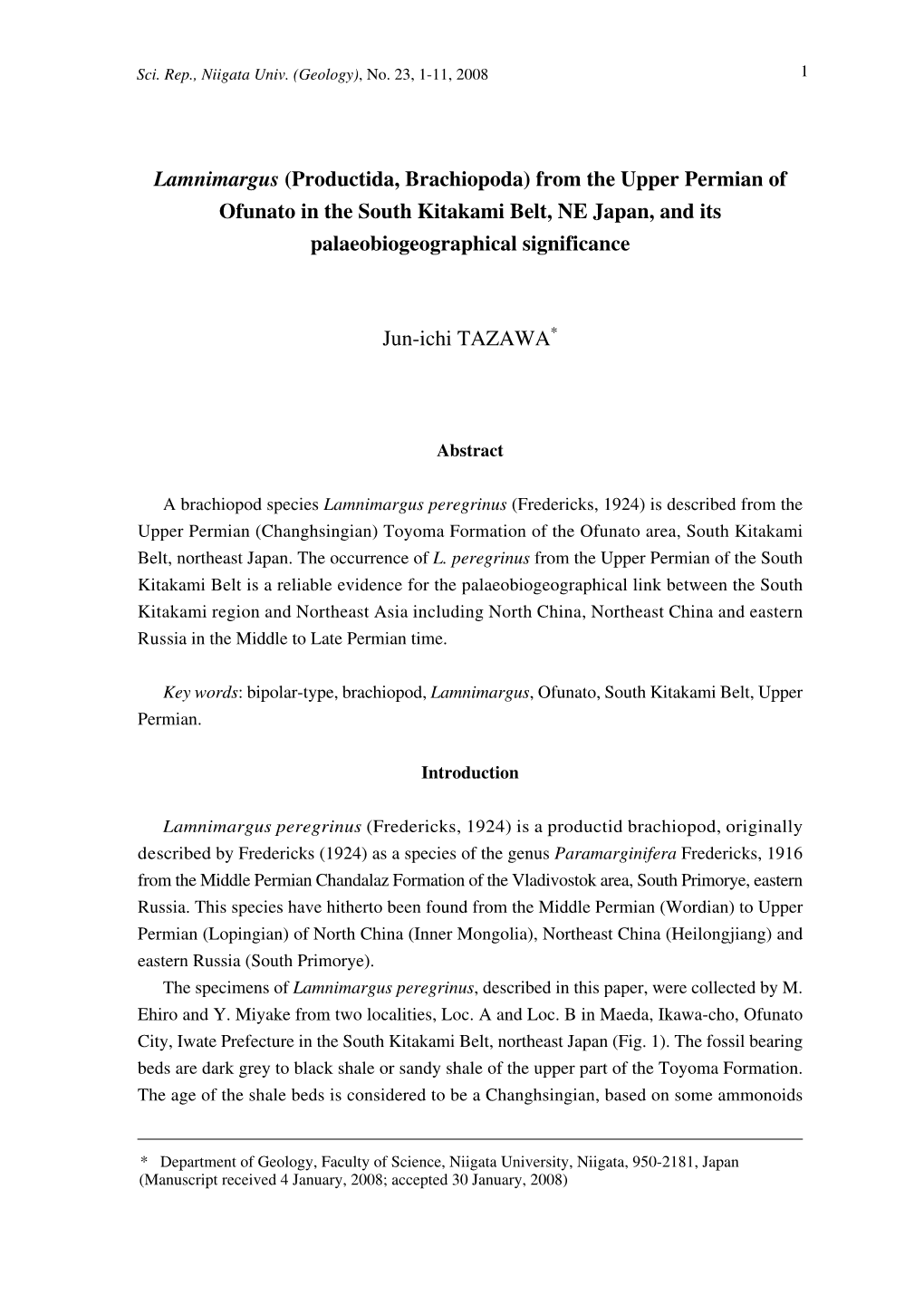 (Productida, Brachiopoda) from the Upper Permian of Ofunato in the South Kitakami Belt, NE Japan, and Its Palaeobiogeographical Significance