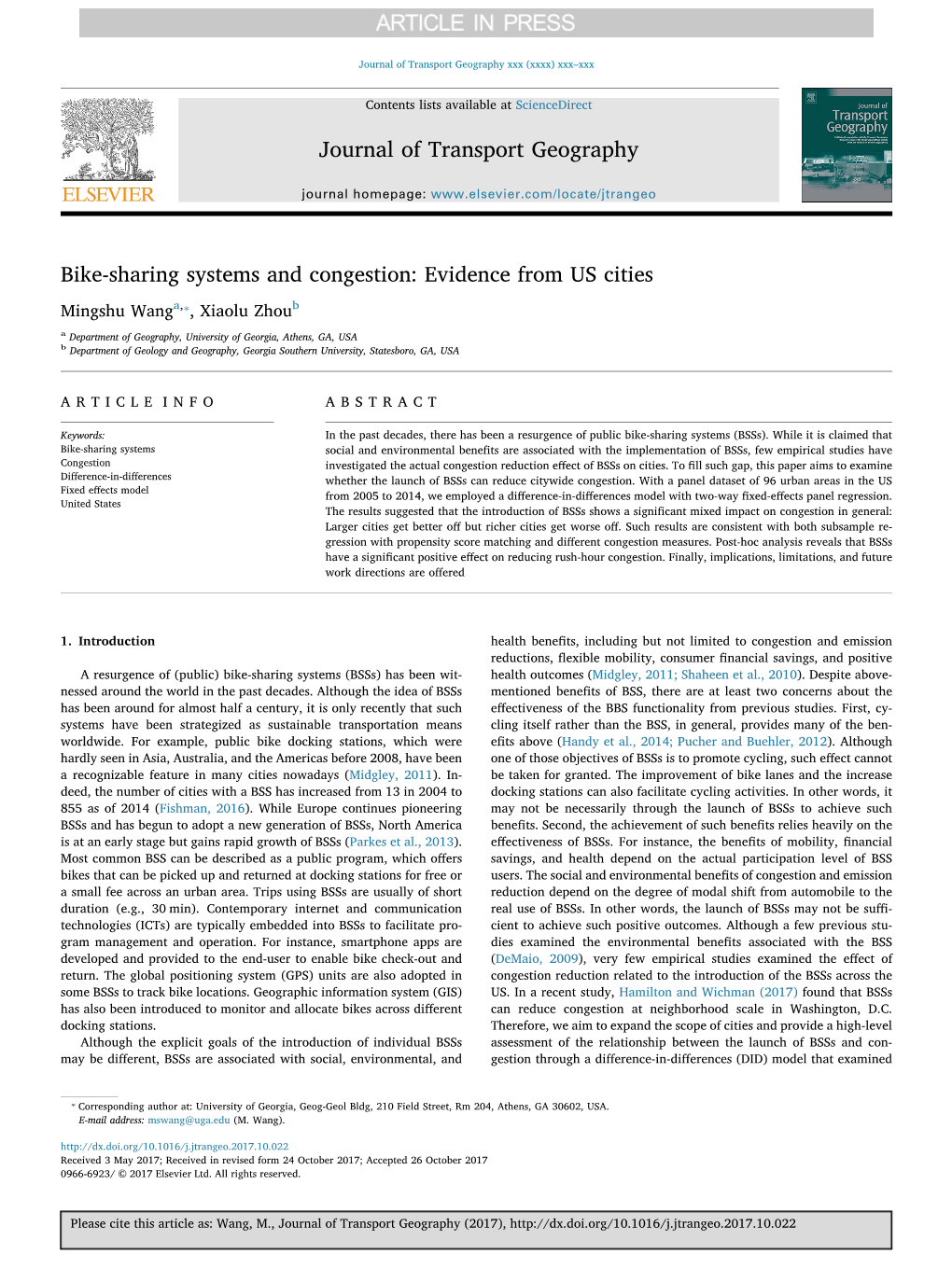 Bike-Sharing Systems and Congestion: Evidence from US Cities