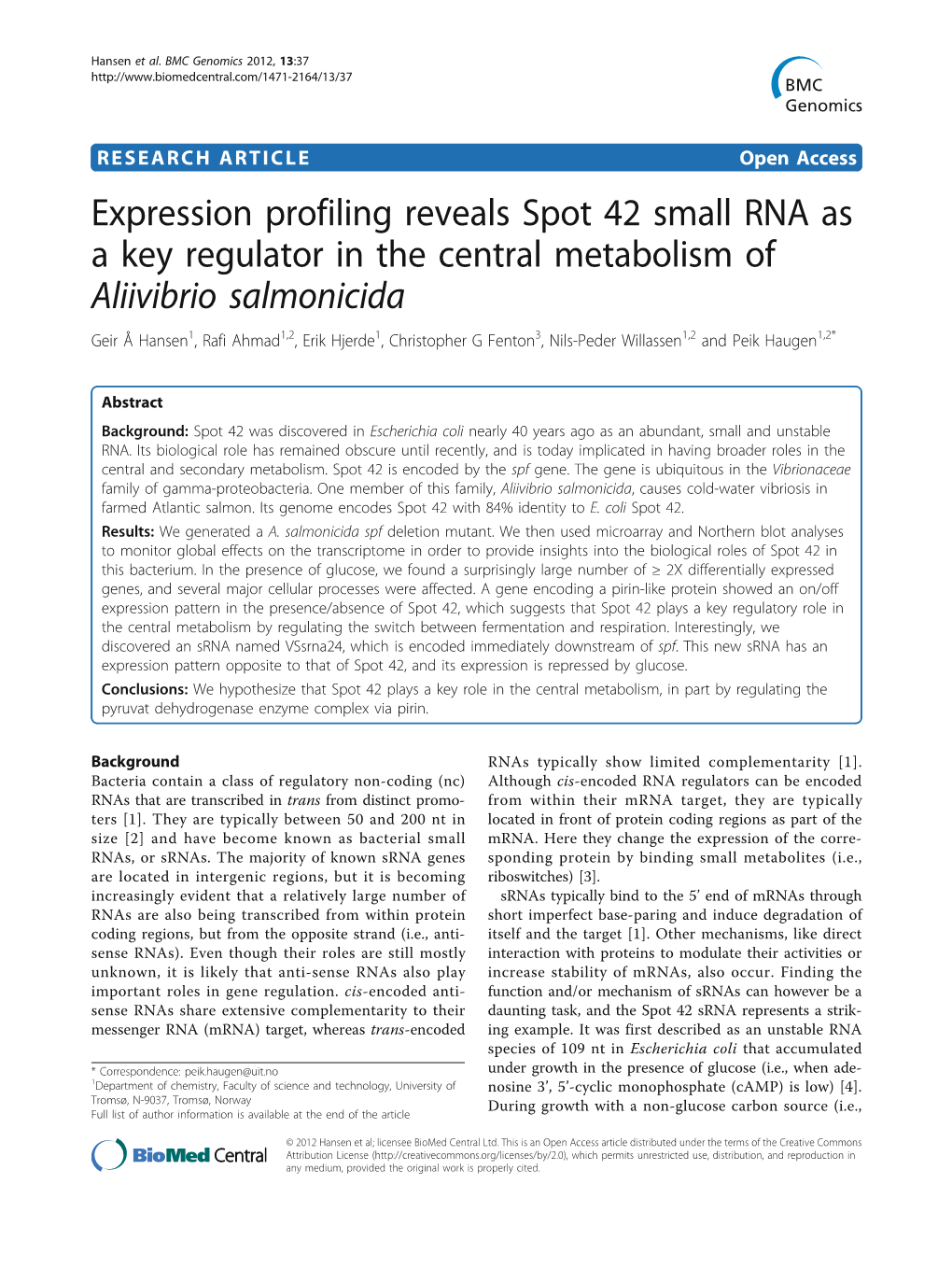 Expression Profiling Reveals Spot 42 Small RNA As a Key Regulator in The