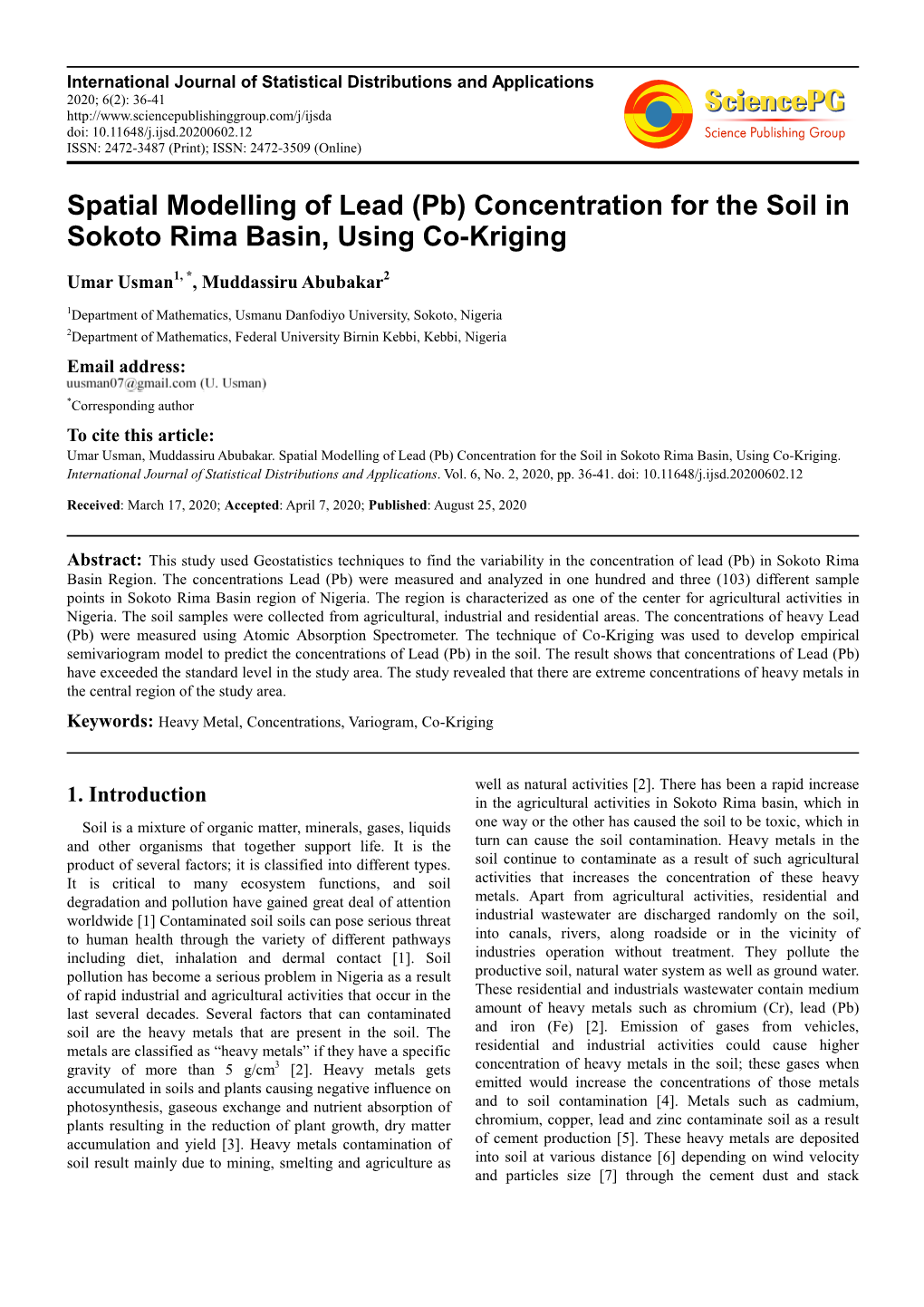 (Pb) Concentration for the Soil in Sokoto Rima Basin, Using Co-Kriging