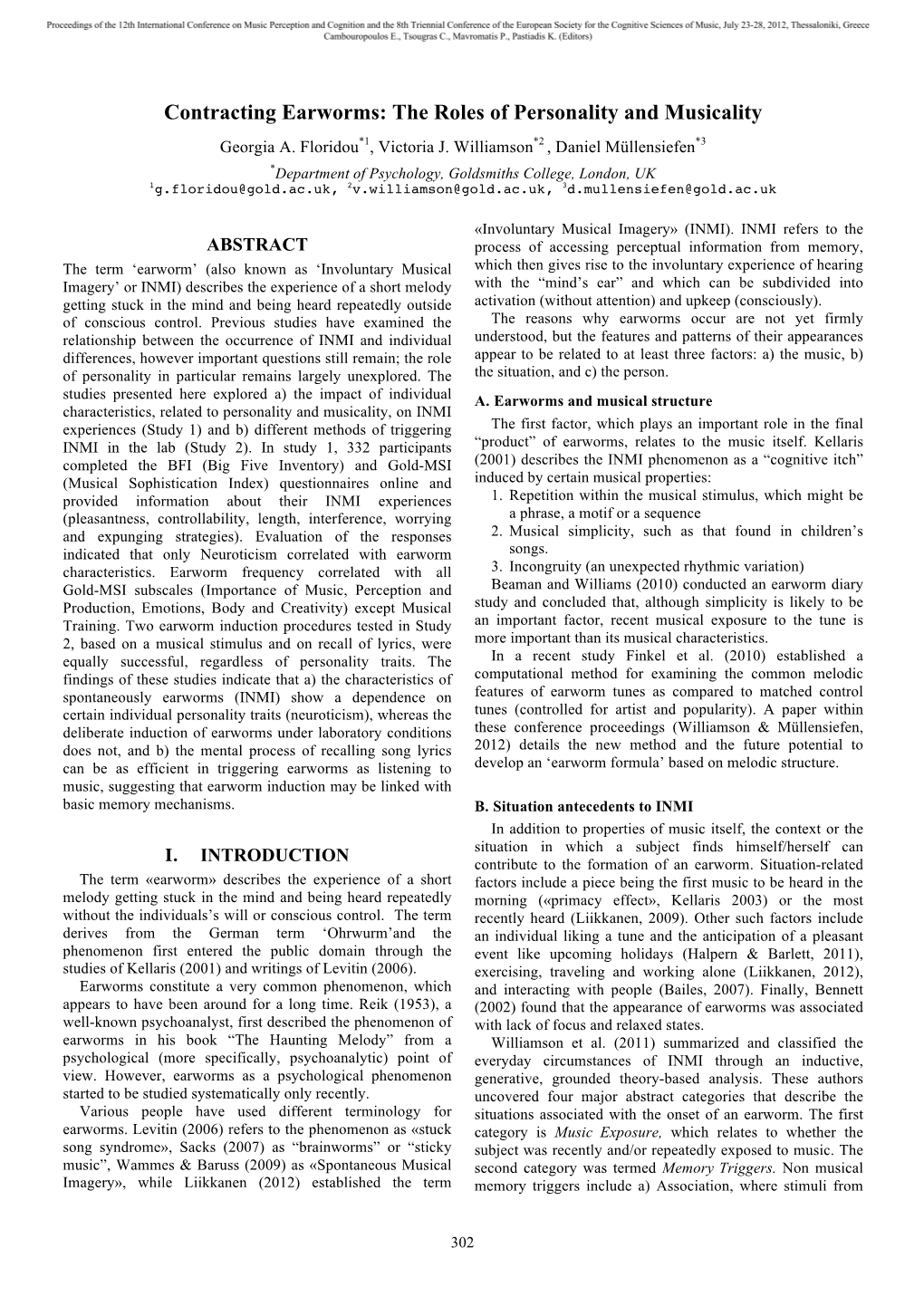 Contracting Earworms: the Roles of Personality and Musicality Georgia A