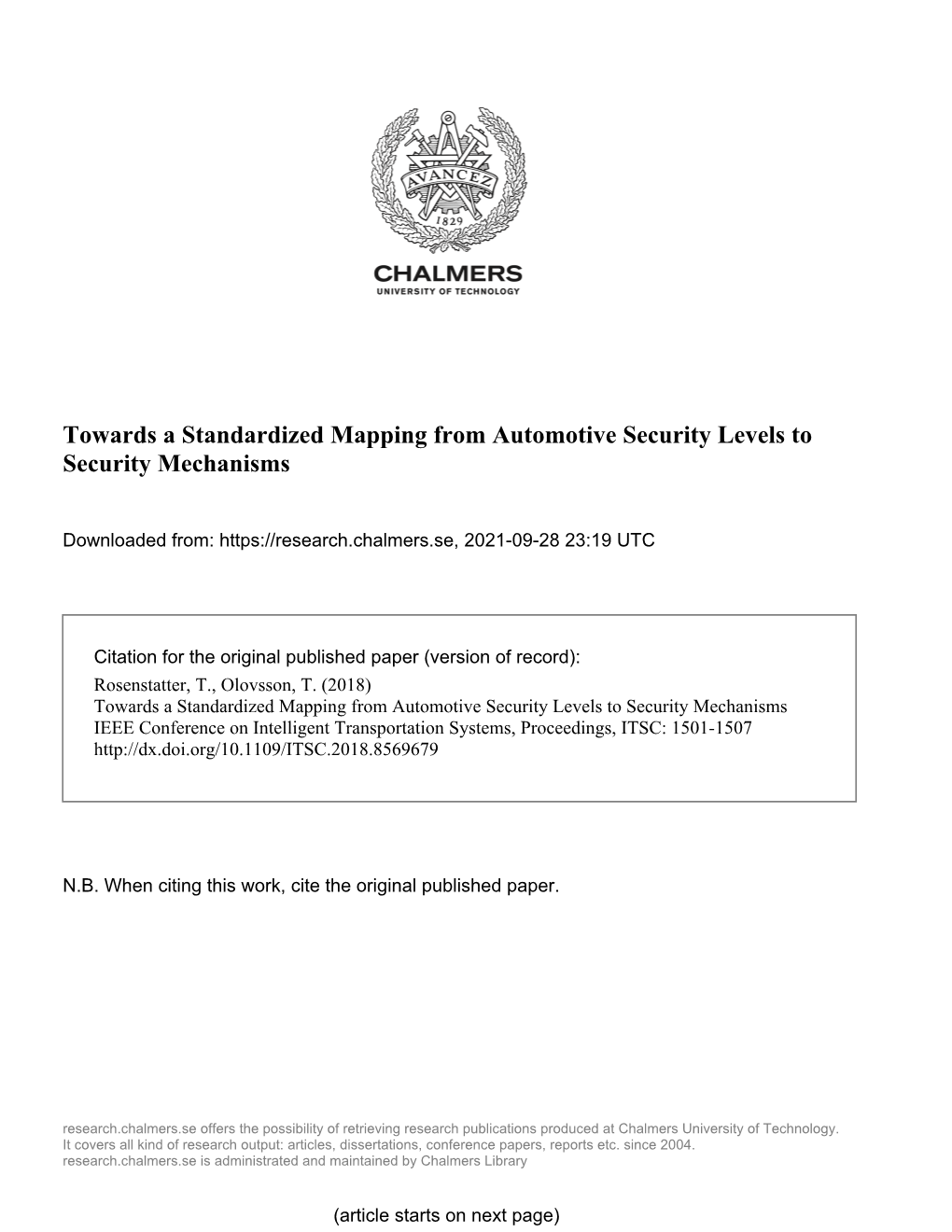 Towards a Standardized Mapping from Automotive Security Levels to Security Mechanisms