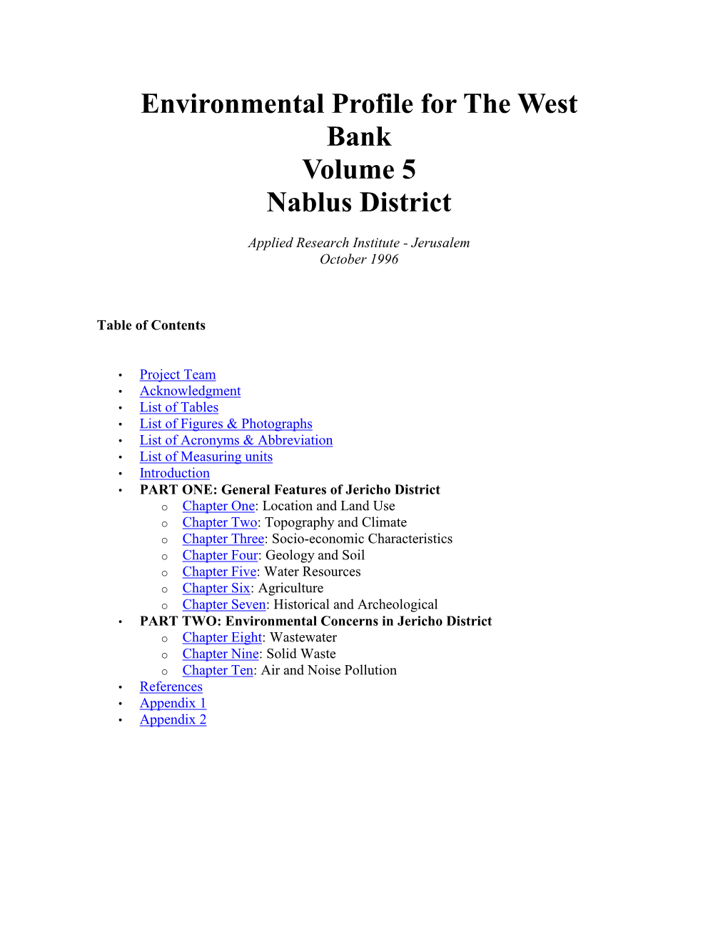 Environmental Profile for the West Bank Volume 5 Nablus District