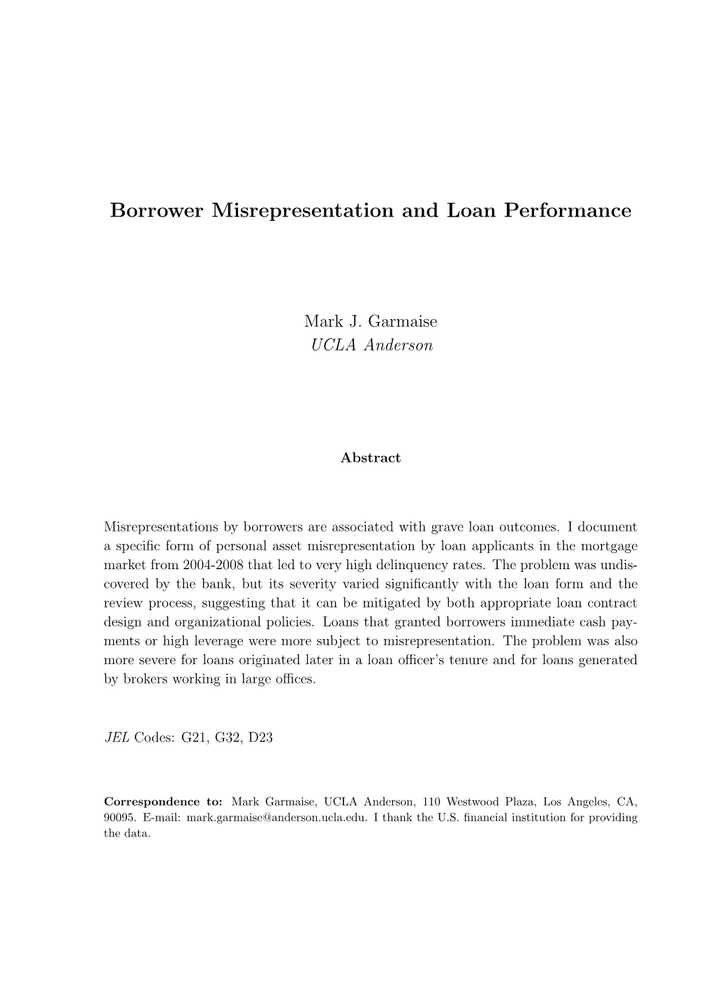 Borrower Misrepresentation and Loan Performance