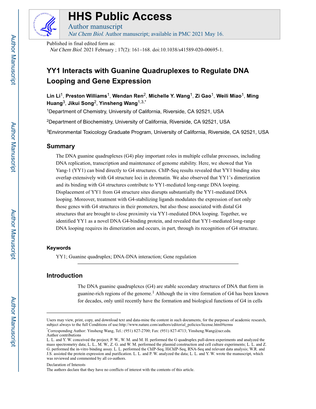 YY1 Interacts with Guanine Quadruplexes to Regulate DNA Looping and Gene Expression