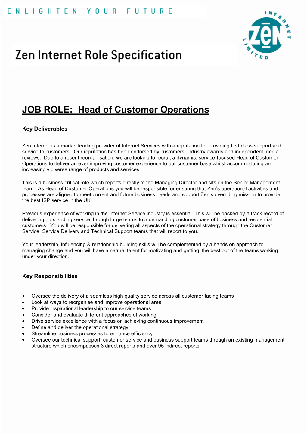 JOB ROLE: Head of Customer Operations