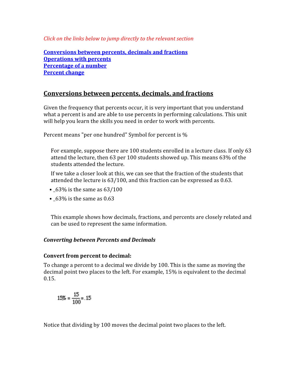 Conversions Between Percents, Decimals, and Fractions