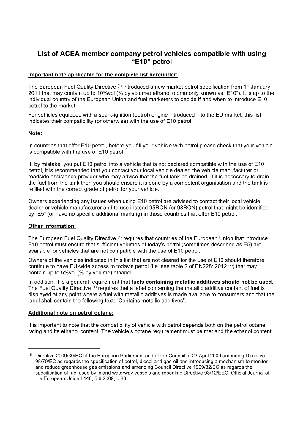 List of ACEA Member Company Petrol Vehicles Compatible with Using “E10” Petrol