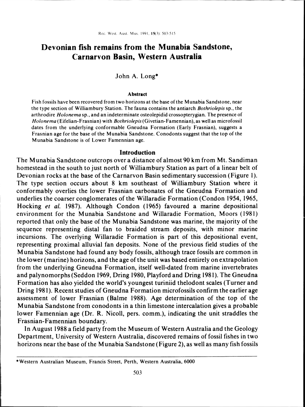 Devonian Fish Remains from the Munabia Sandstone, Carnarvon Basin, Western Australia