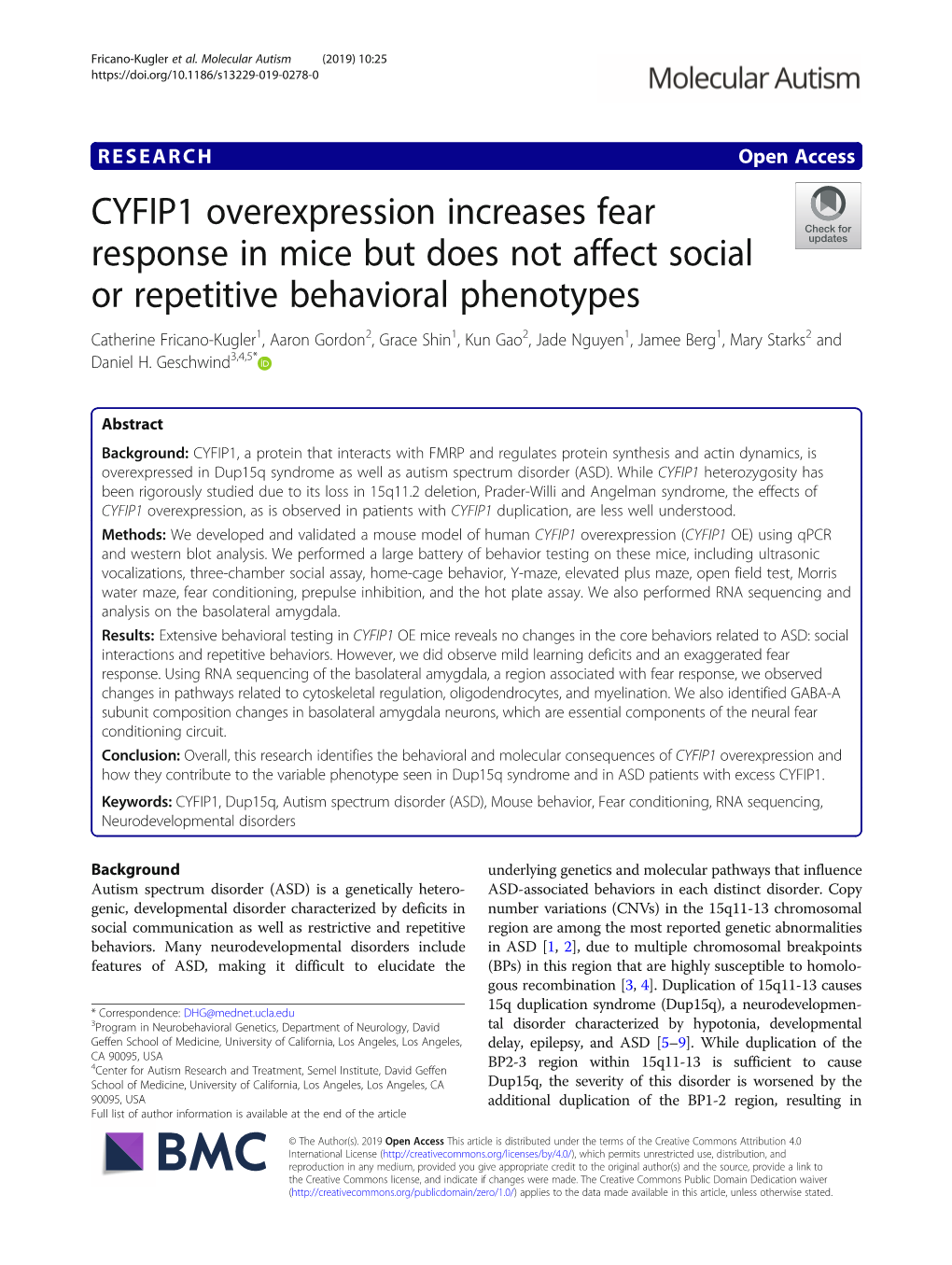 CYFIP1 Overexpression Increases Fear Response In