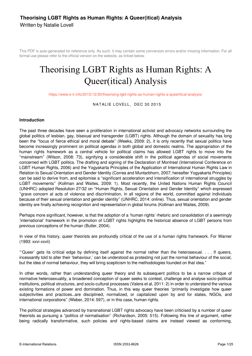 Theorising LGBT Rights As Human Rights: a Queer(Itical) Analysis Written by Natalie Lovell