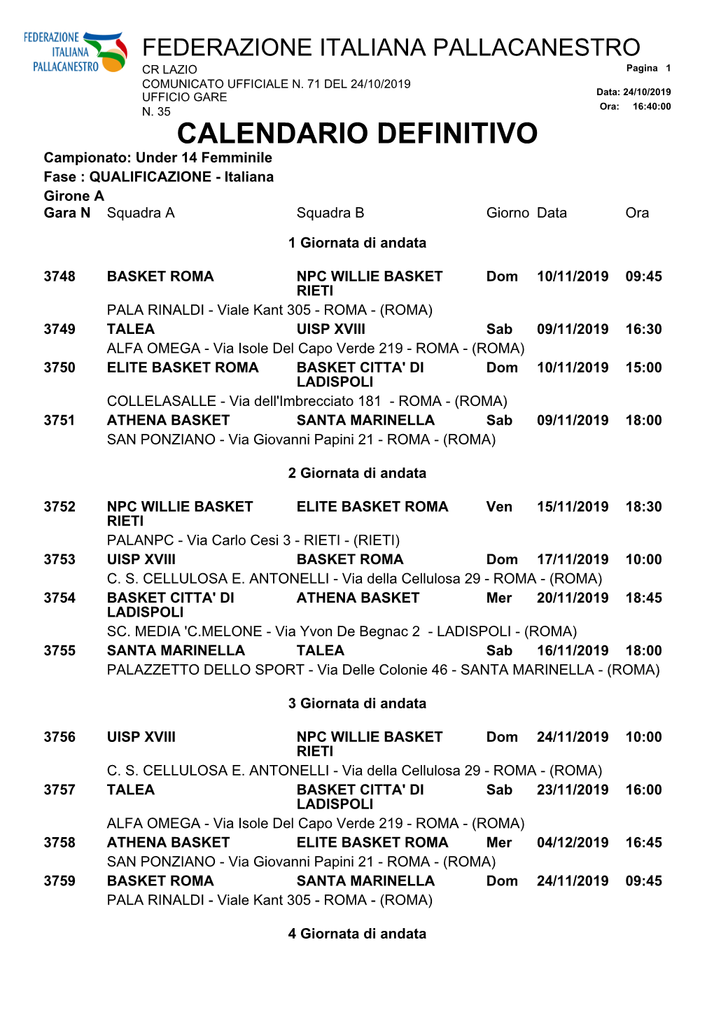 Calendario Definitivo Under 14 Femminile