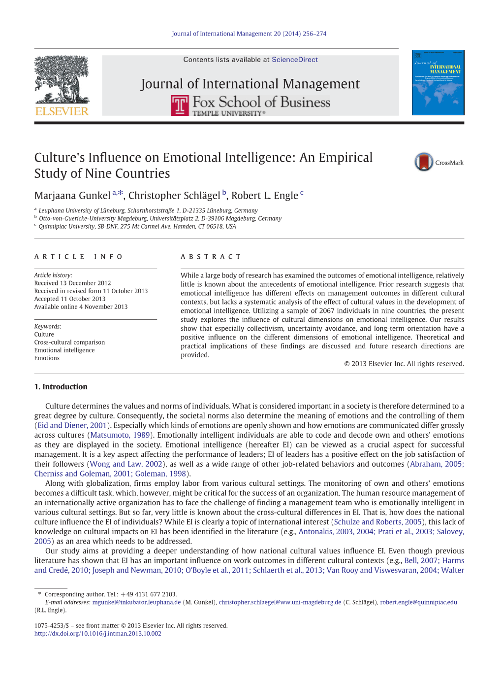 Culture's Influence on Emotional Intelligence: an Empirical Study of Nine Countries