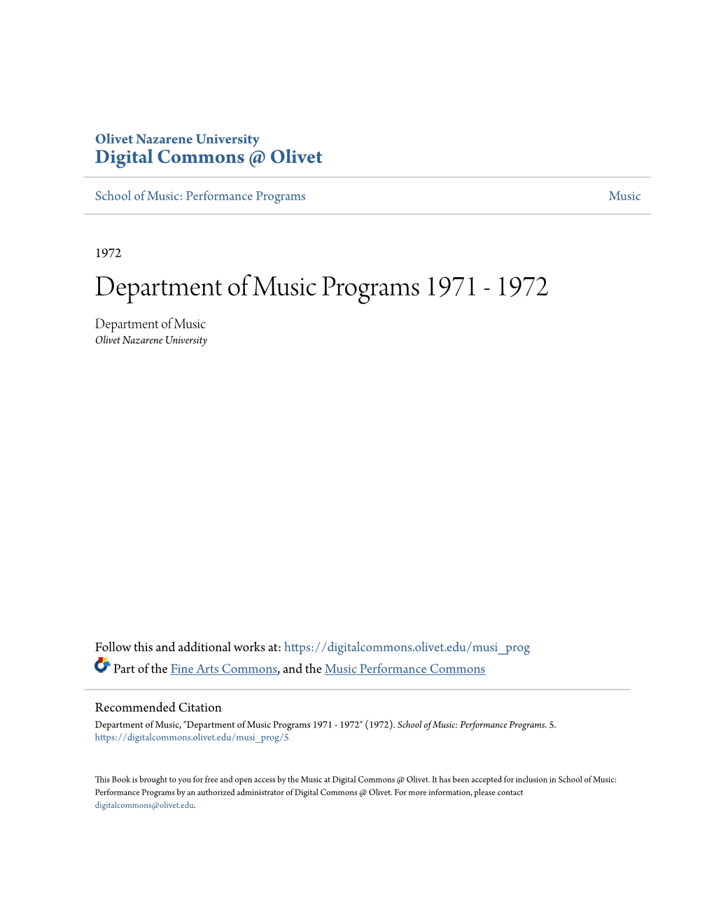 Department of Music Programs 1971 - 1972 Department of Music Olivet Nazarene University