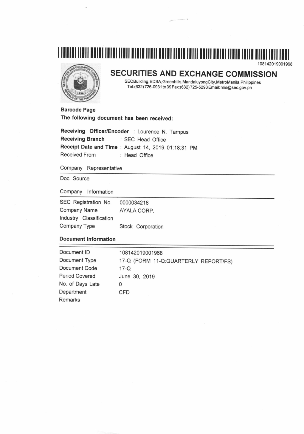 Sec Form 17-Q