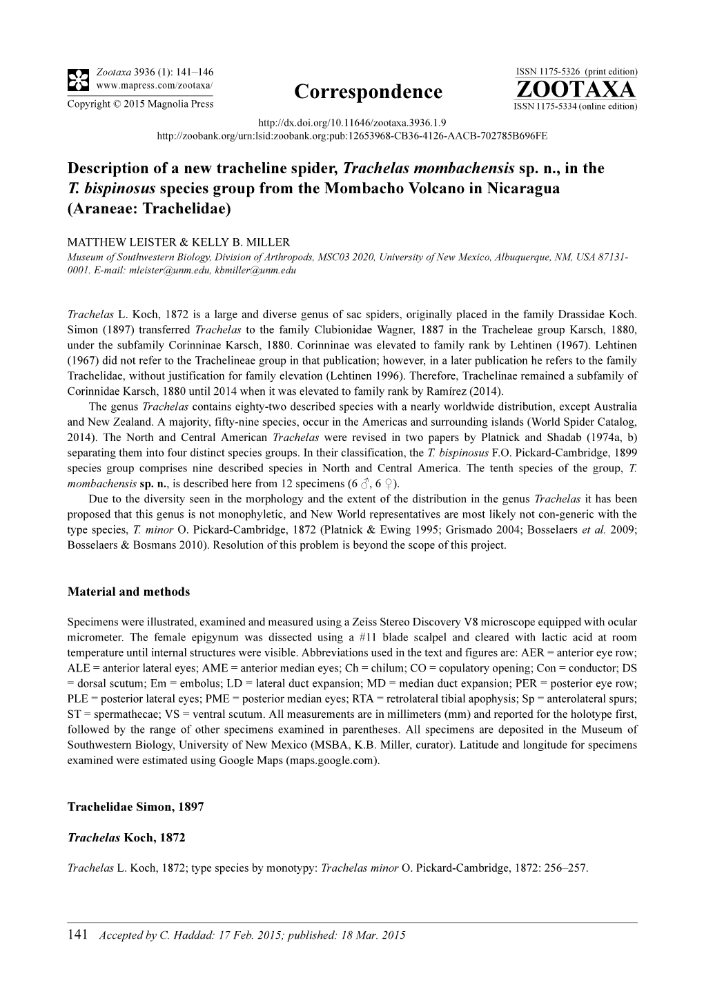 Description of a New Tracheline Spider, Trachelas Mombachensis Sp