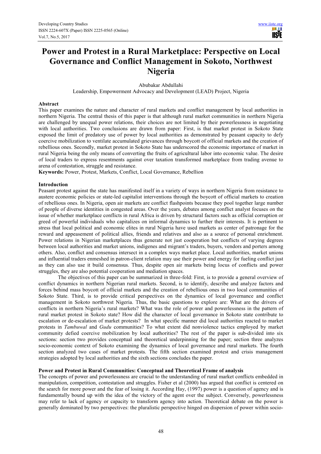 Power and Protest in a Rural Marketplace: Perspective on Local Governance and Conflict Management in Sokoto, Northwest Nigeria