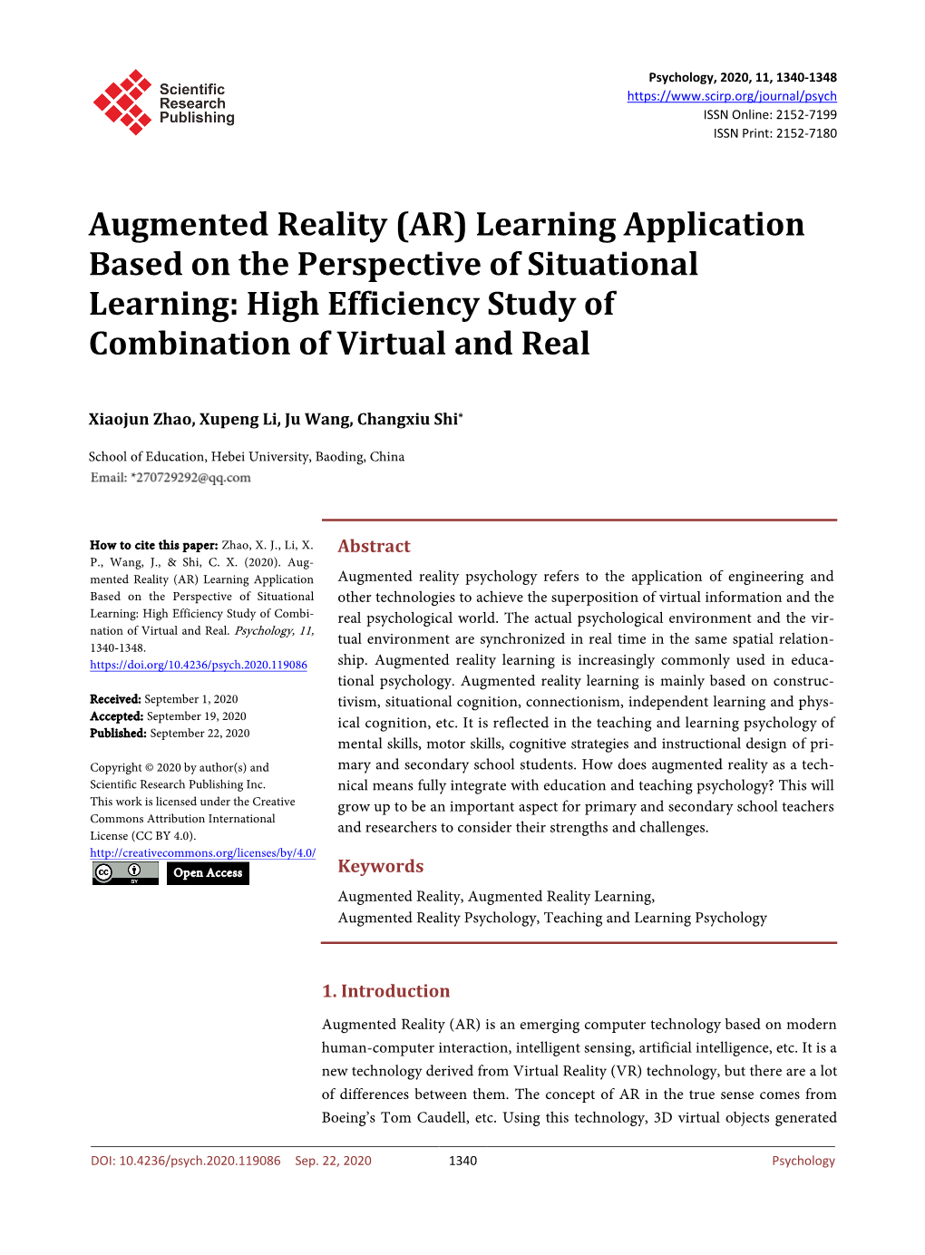 Augmented Reality (AR) Learning Application Based on the Perspective of Situational Learning: High Efficiency Study of Combination of Virtual and Real