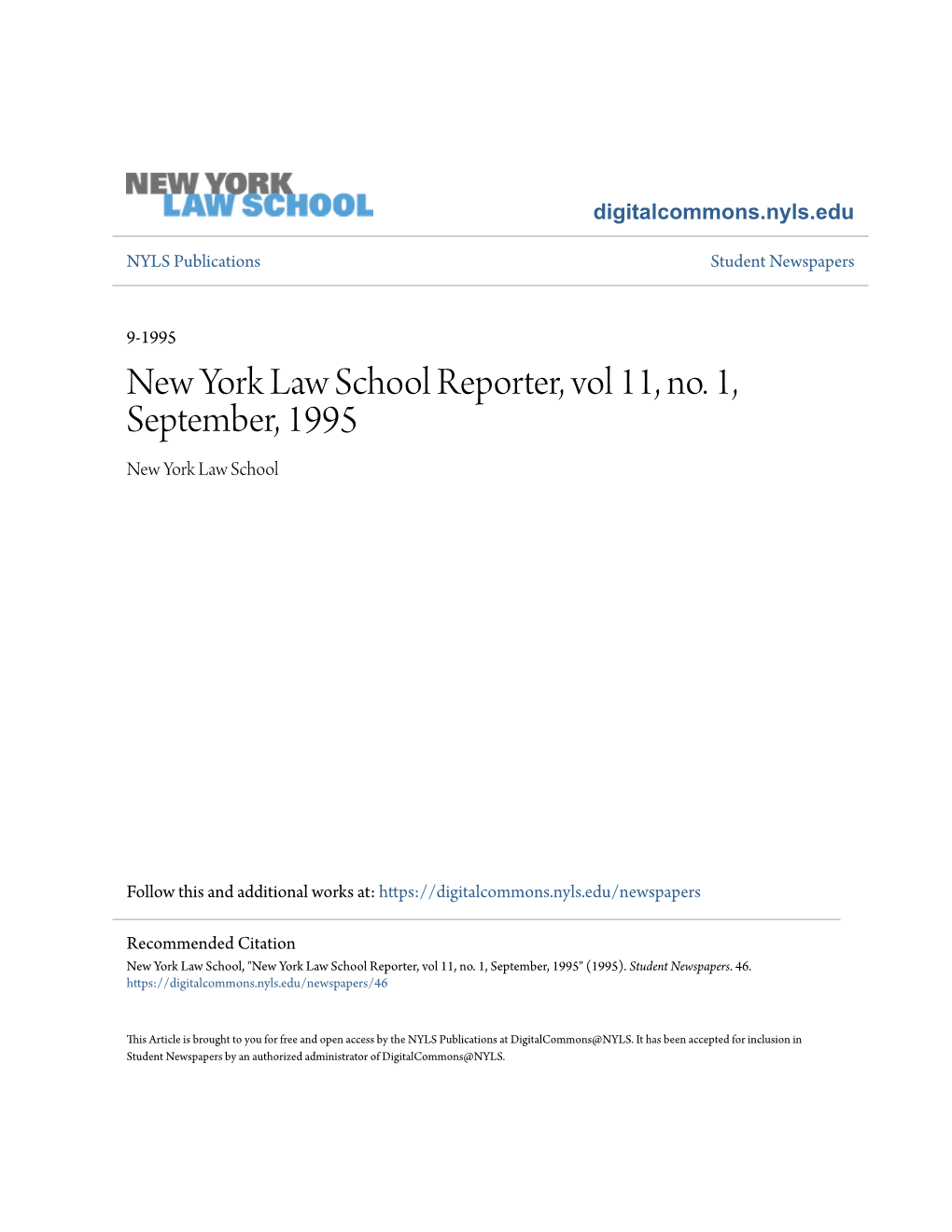 New York Law School Reporter, Vol 11, No. 1, September, 1995 New York Law School