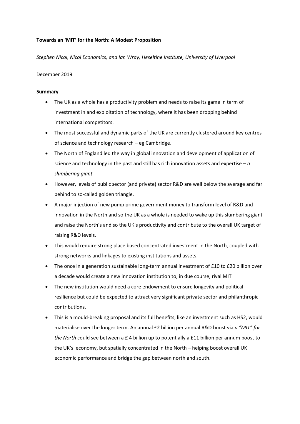 Towards an 'MIT' for the North: a Modest Proposition