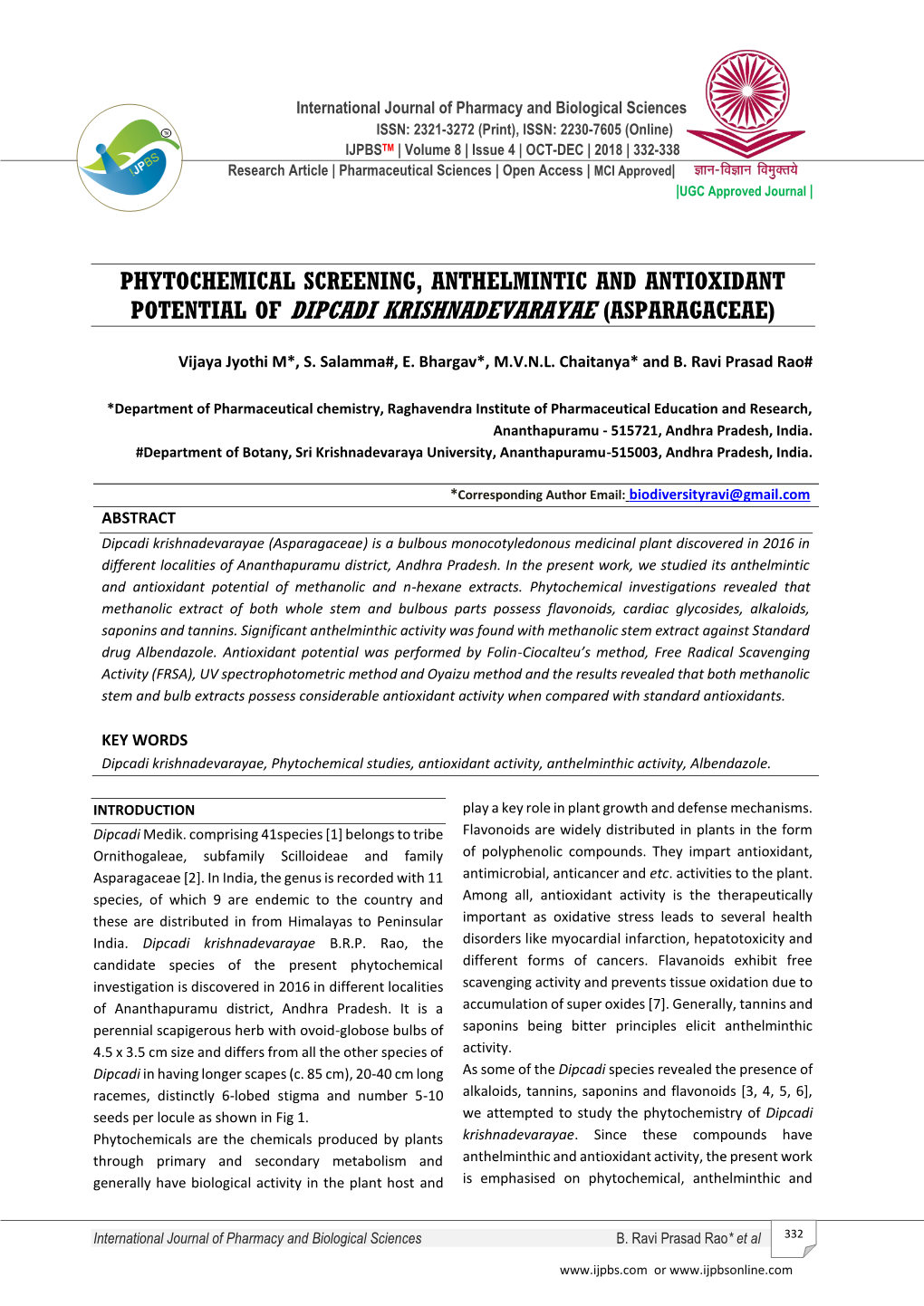 Potential of Dipcadi Krishnadevarayae (Asparagaceae)