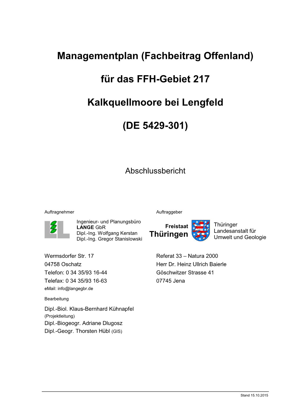 Für Das FFH-Gebiet 217 Kalkquellmoore Bei Lengfeld