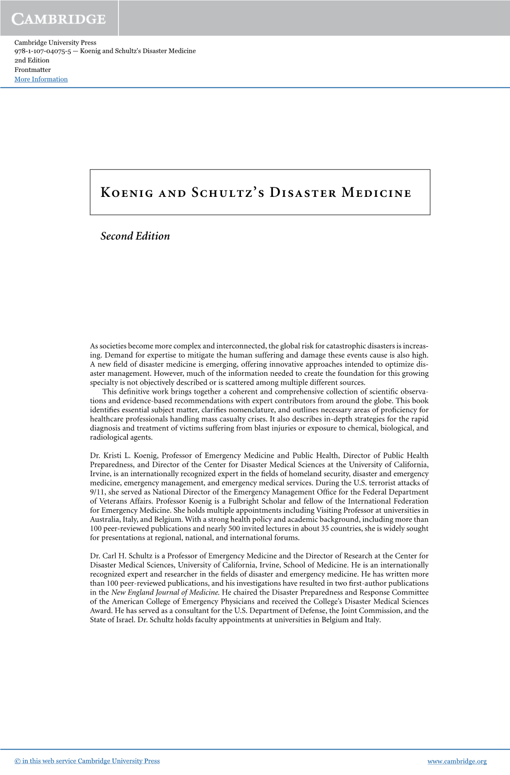 Koenig and Schultz's Disaster Medicine 2Nd Edition Frontmatter More Information