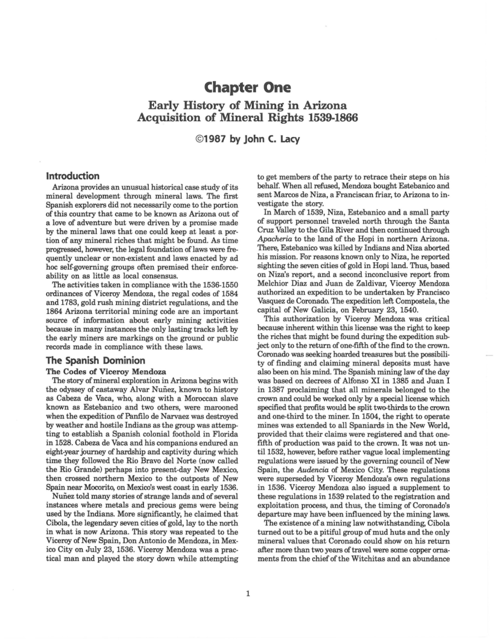 Early History of Mining in Arizona – Acquisition of Mineral Rights, 1539-1866