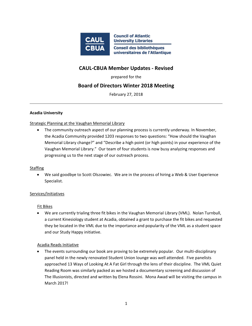 CAUL-CBUA Member Updates - Revised Prepared for the Board of Directors Winter 2018 Meeting February 27, 2018