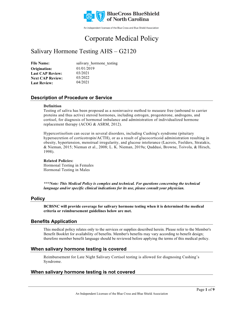 Salivary Hormone Testing AHS – G2120